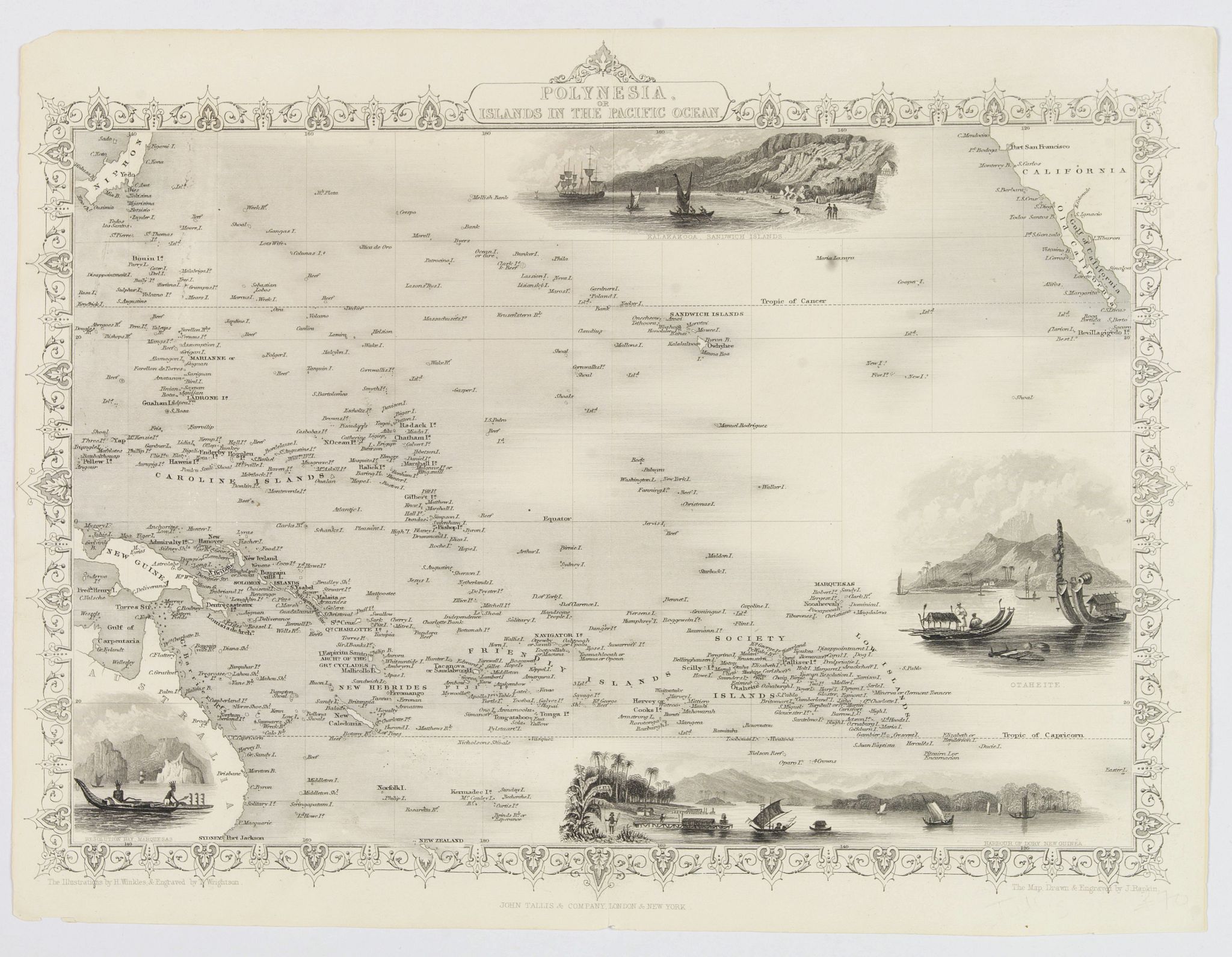 Old map by TALLIS -Polynesia or Islands in the Pacific Ocean.