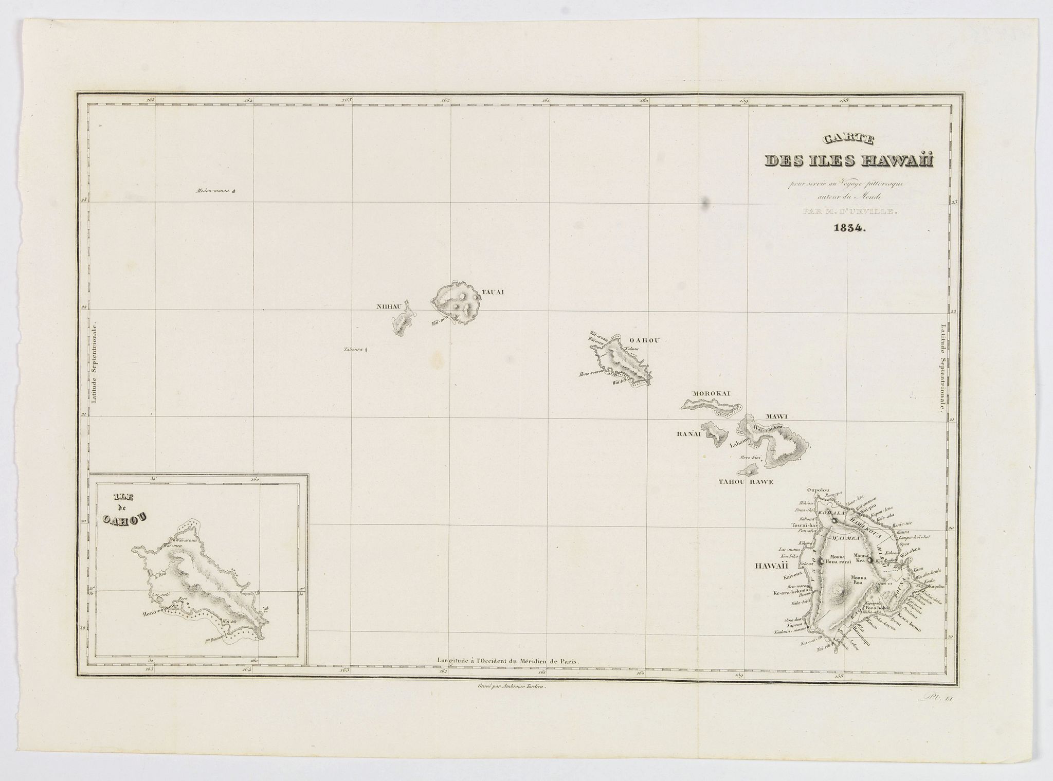 Old map by DUMONT D'URVILLE -Carte des Iles Hawaii.