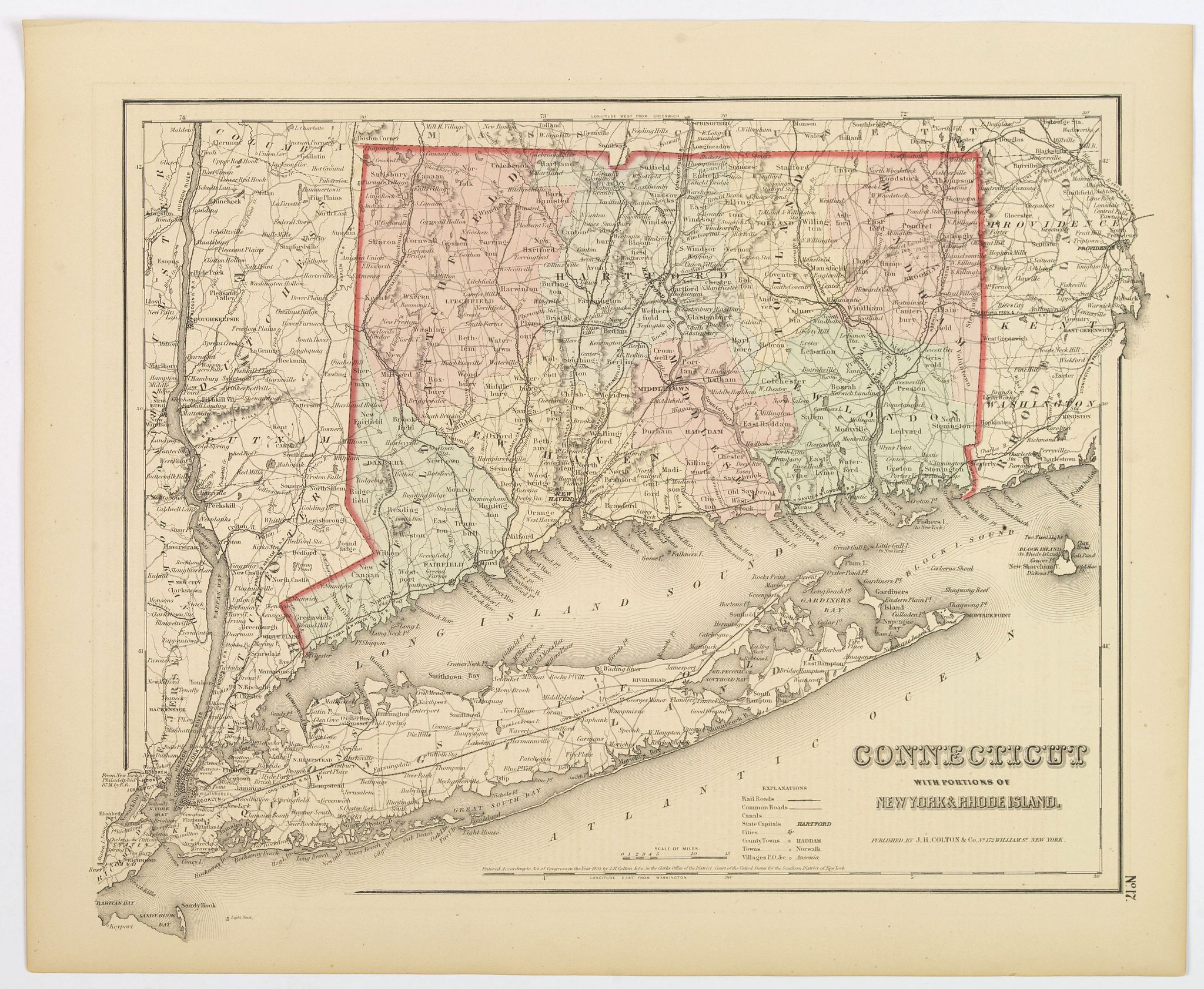 Old map by COLTON -Connecticut with portions of New York & Rhode Island.