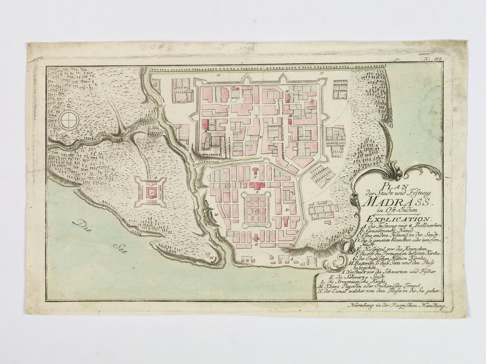 Old map by RASPE -Plan der Stadt und Festung Madrass in Ost-Indien.