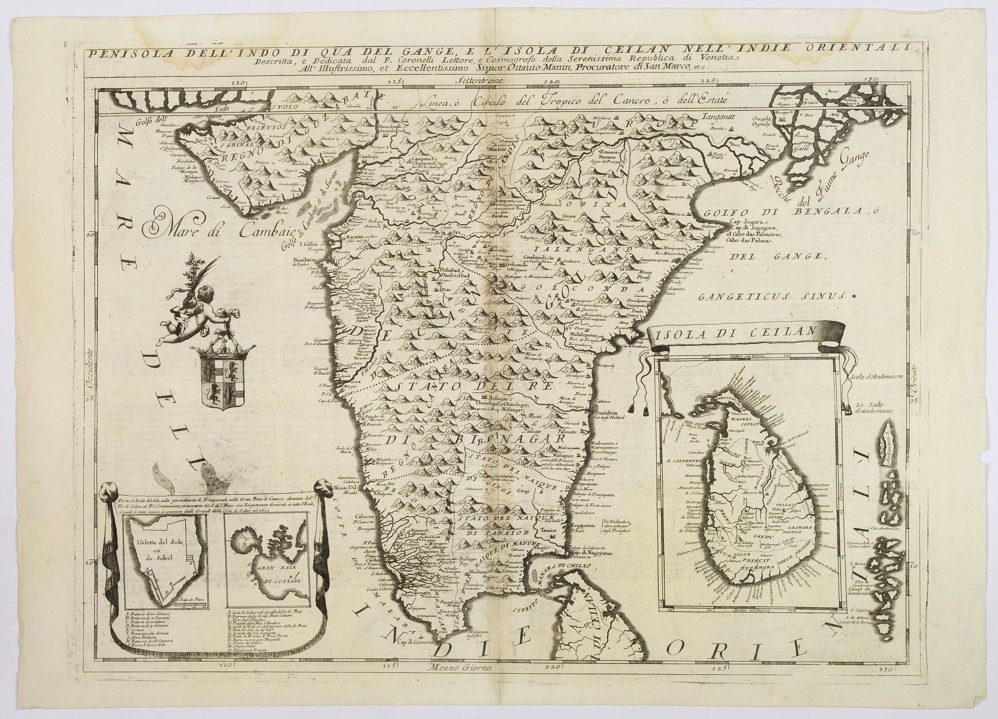 Old map by CORONELLI. -Penisola Dell' Indo di qua del Gange e L'Isola di Ceilan nell' Indie Orientale. . .