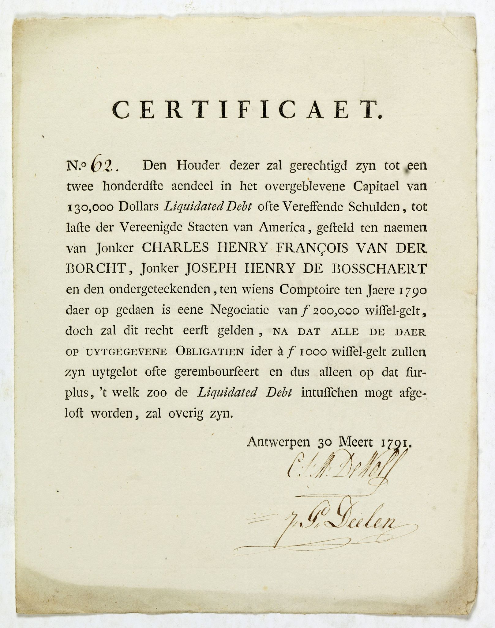 UNITED STATES., Certificaet N° 62., antique map, old maps