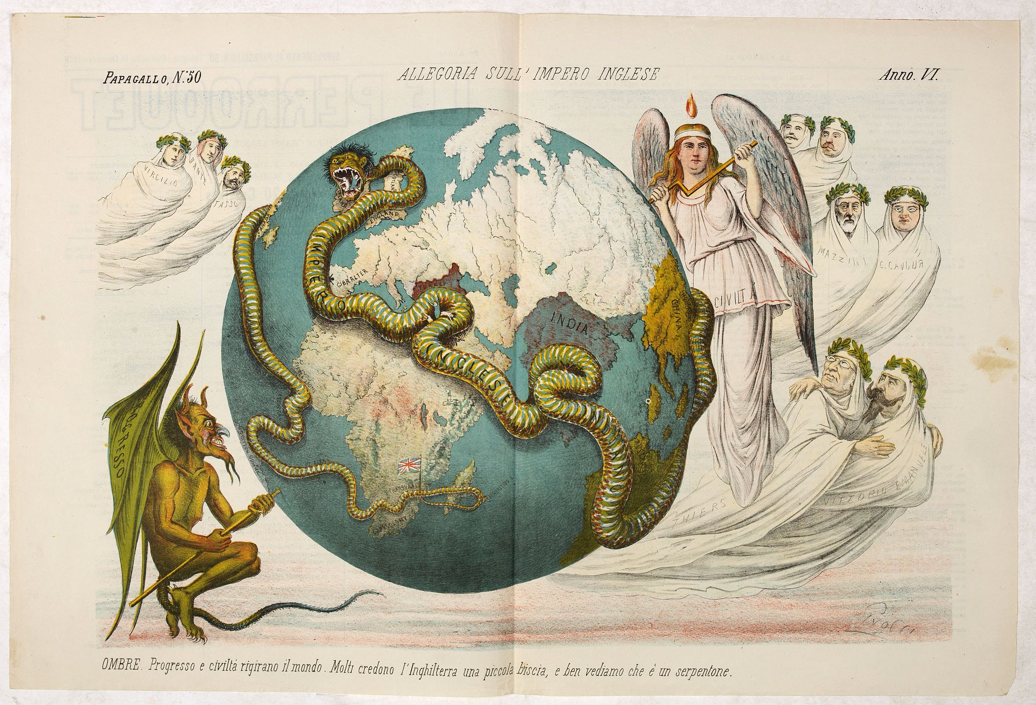 GROSSI, A., Allegoria sull'Impero Inglese. Papagallo No. 50. Anno VI., antique map, old maps