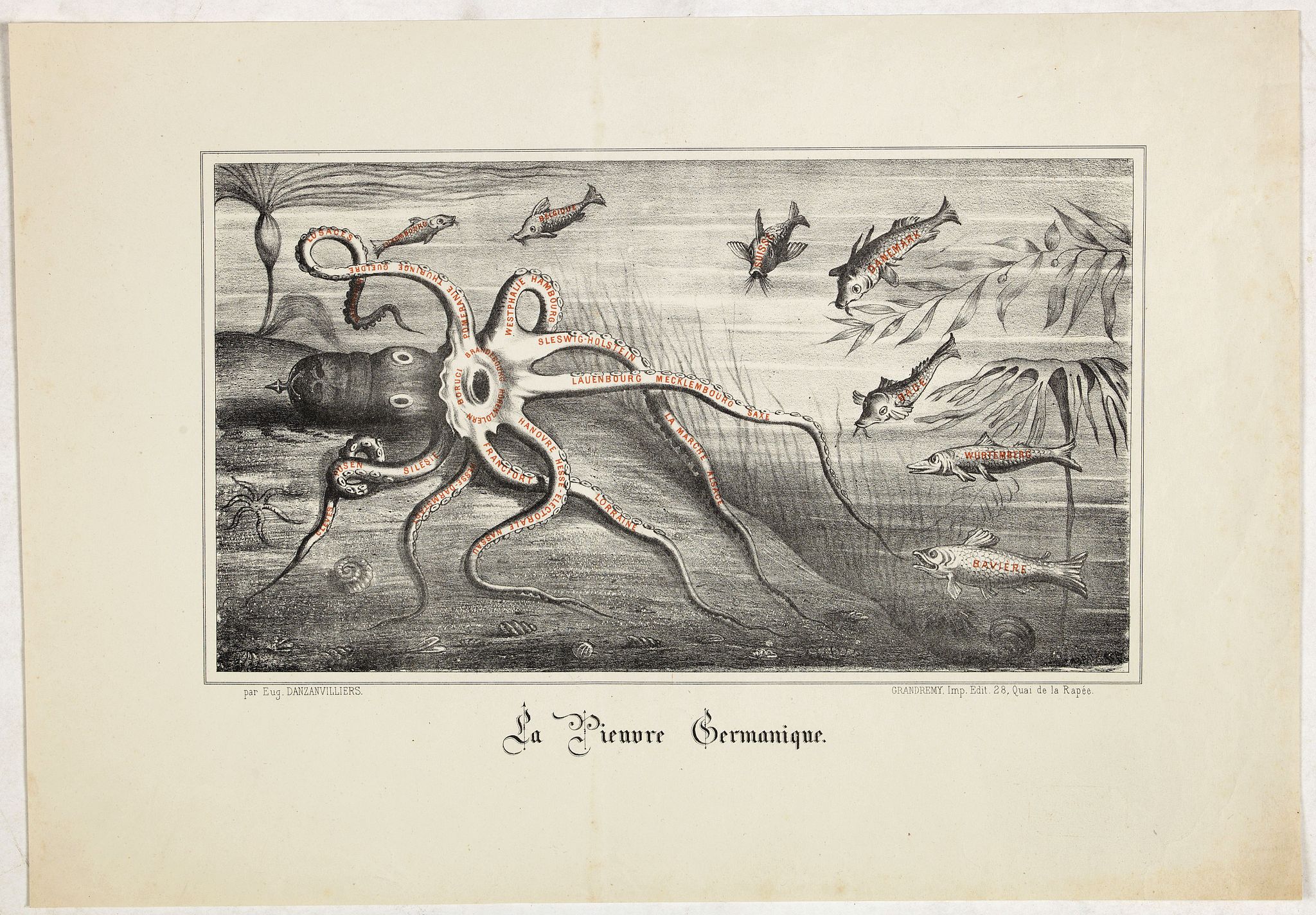 DANZANVILLIERS, Eugène., La Pieuvre Germanique., antique map, old maps
