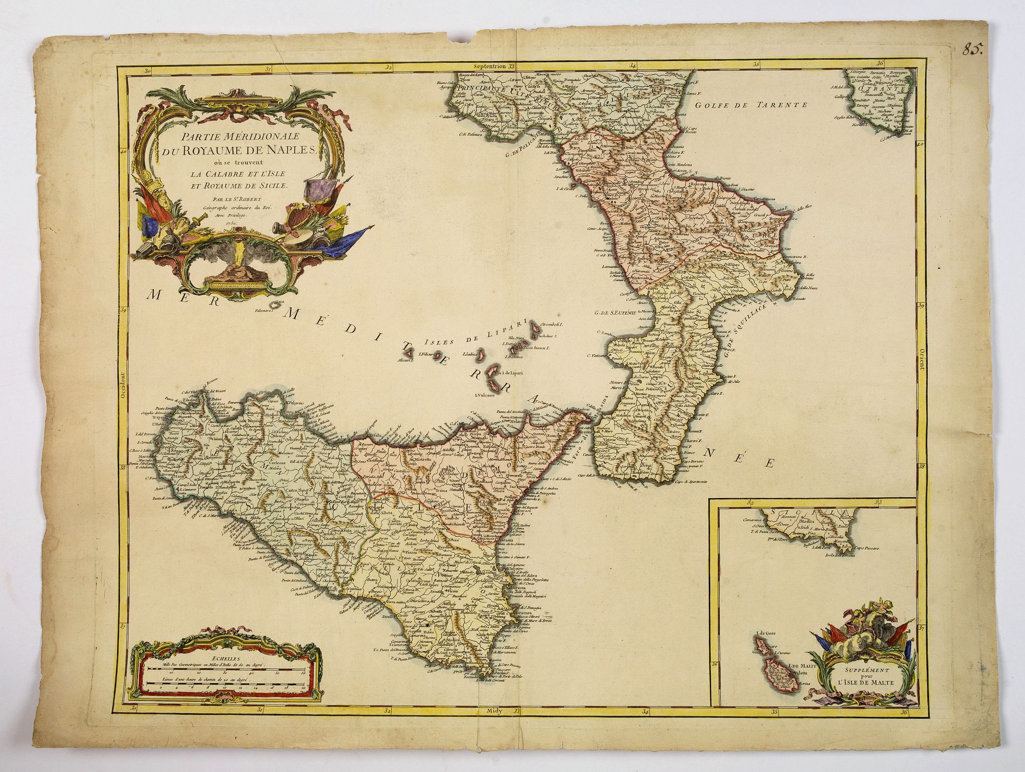 Old map by DE VAUGONDY -Partie Meridionale du Royaume de Naples. . .