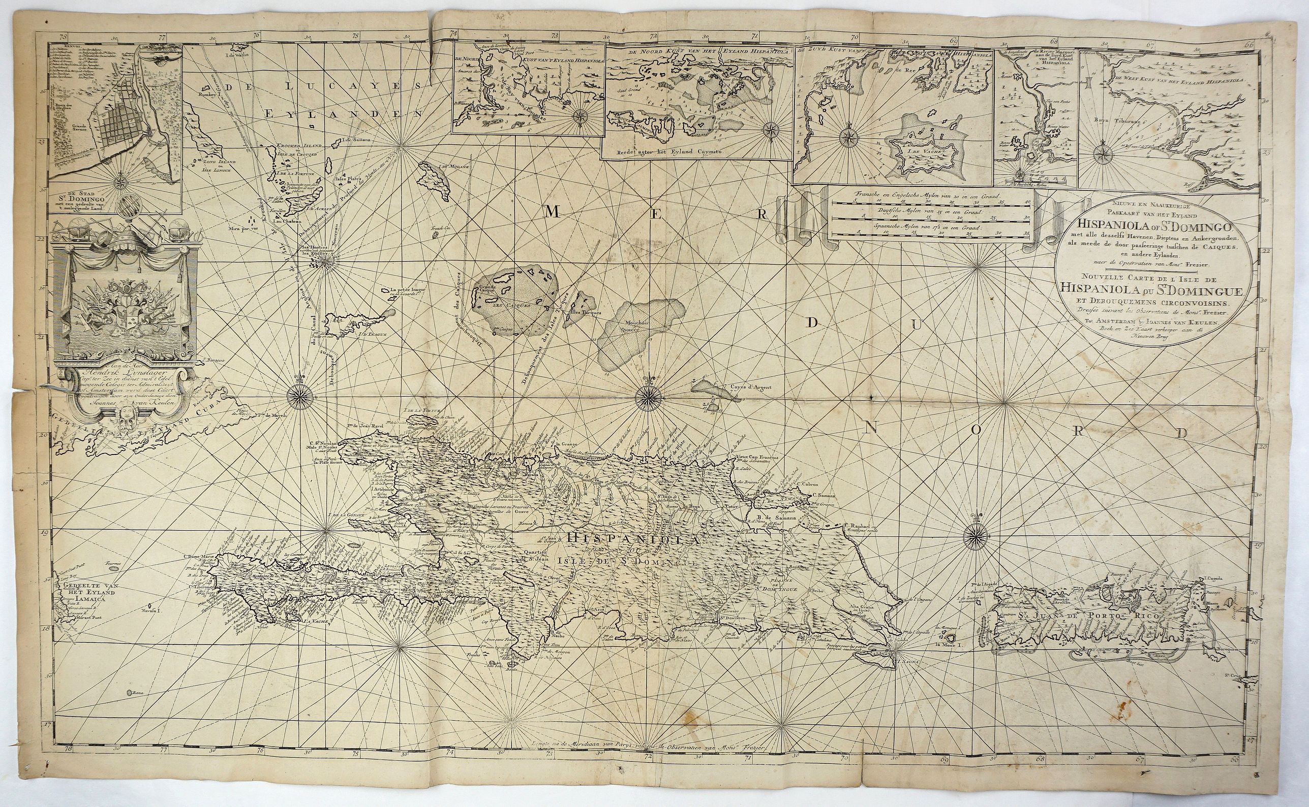 KEULEN, J. V. , Nieuwe en Naaukeurige Paskaart van Het Eyland Hispaniola of St. Domingo met alle dresslss Havenen, Dieptens en Ankergronden, als meede de door passeeringe tusche de Caiques en andere Eylanden. naer de Opservatien van Monsr. Frezier. . ., antique map, old maps