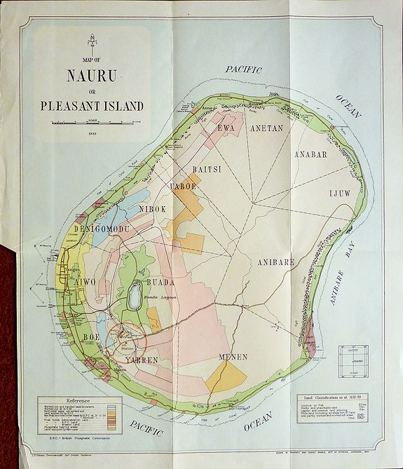 Old map by Hutchison -Map of Nauru or Pleasant Island 1939.