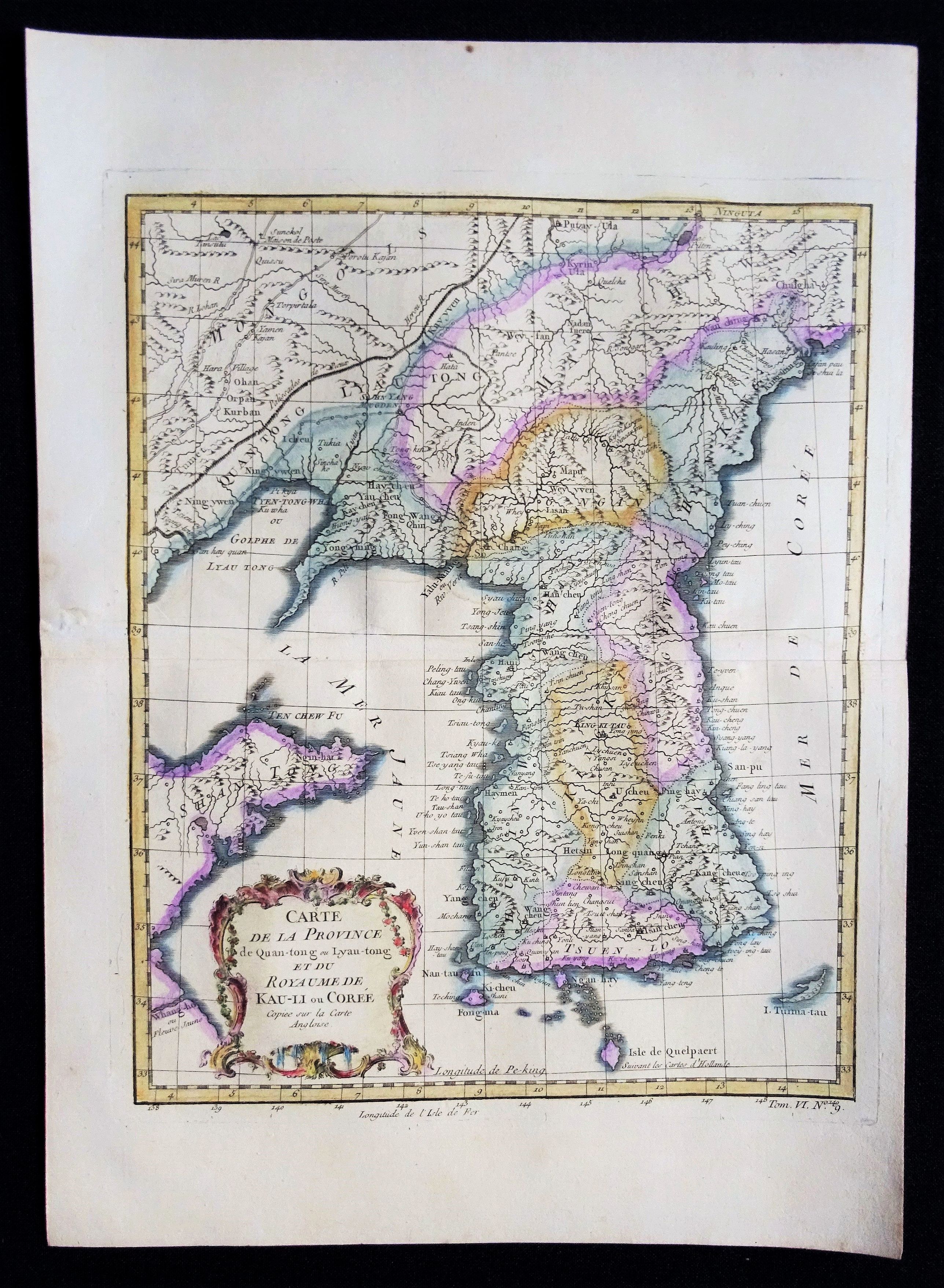 Bellin, J.N., Carte de la Province de Quan-Tong...et du Royaume de Kau-Li ou Corée., antique map, old maps