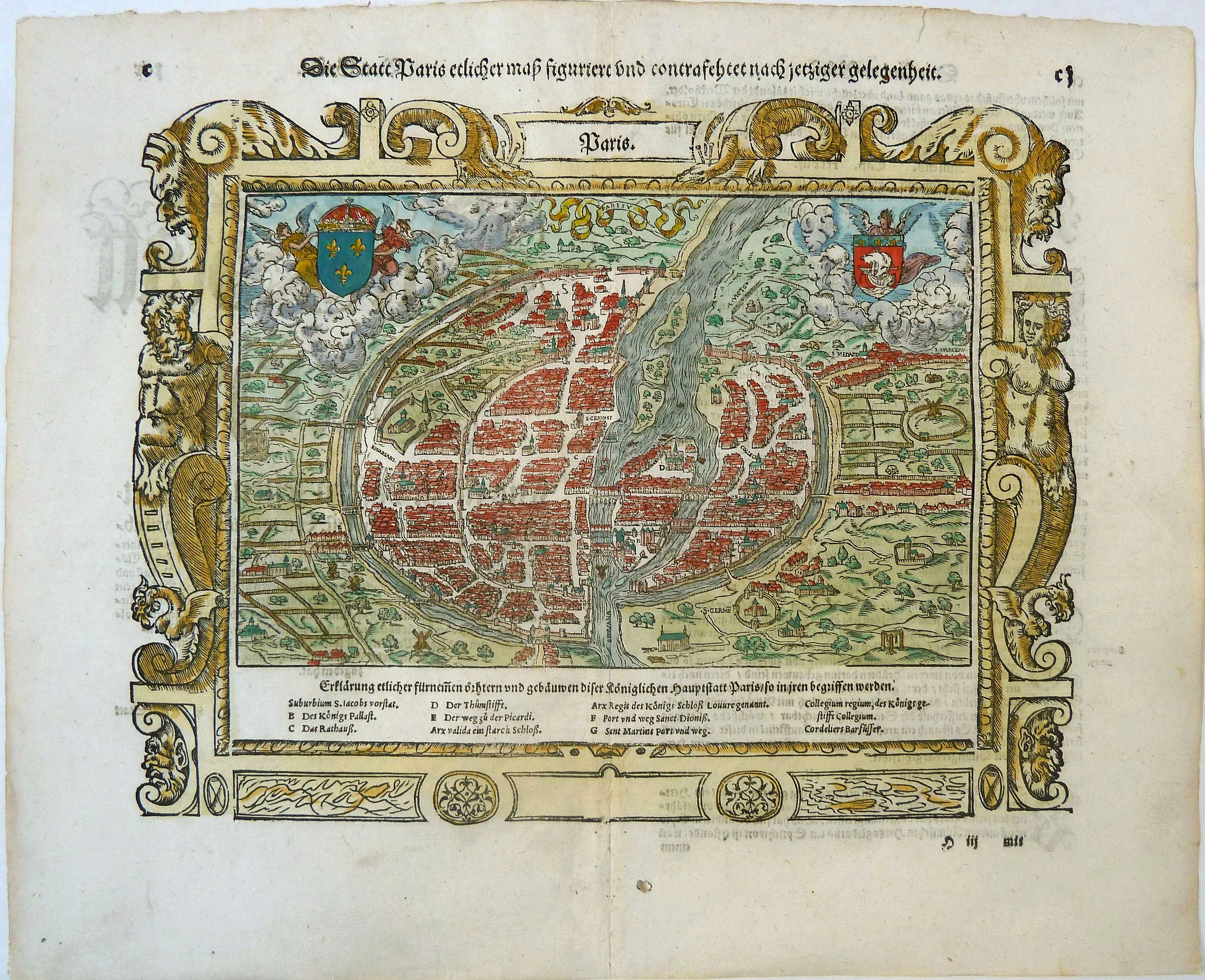 MÜNSTER, Sebastian., Die Statt Paris etlicher mass figuriert und contrafehtet nach ietziger gelegenheit., antique map, old maps