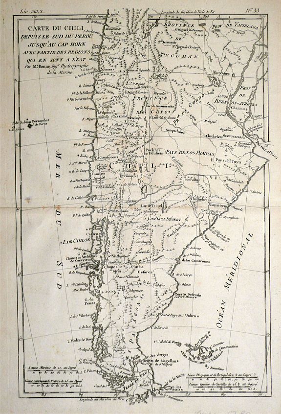 BONNE, Rigobert, Carte du Chili depuis le Sud du Perou Ju Squ\'au Cap horn avec partie des Regions qui en sont a L\'Est. Par M. Bonne, Ingr. Hydrographe de la Marine., antique map, old maps