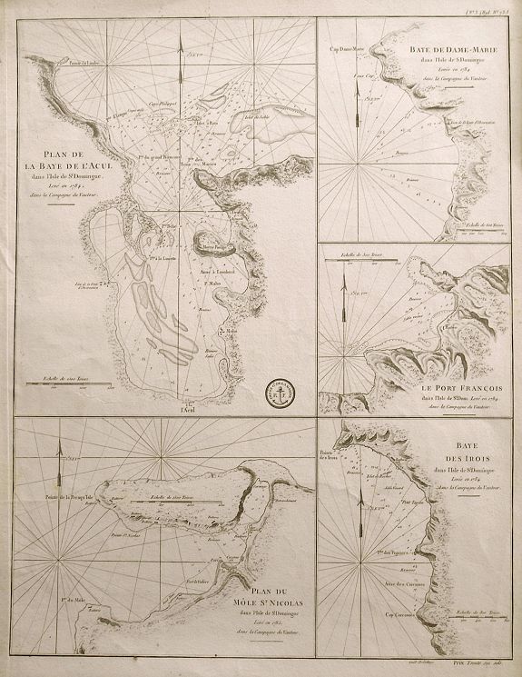 DEPOT DE LA MARINE, Plan de la Baye de l'Acul; Baye de Dame-Marie; Le Port François; Plan du Môle St. Nicolas; Baye des Irois, antique map, old maps