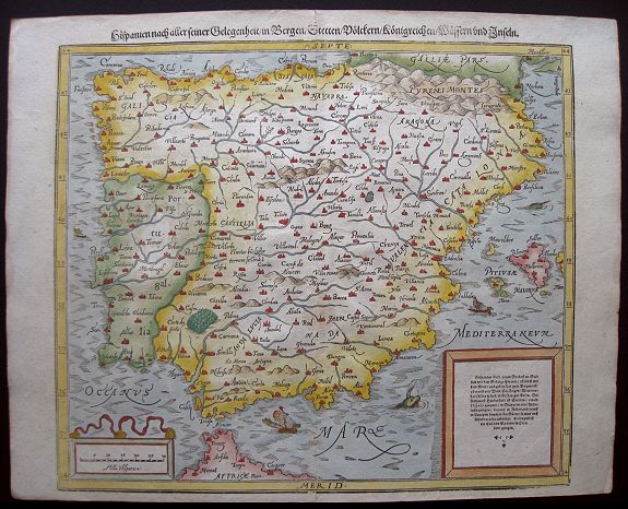 MÜNSTER, S., Hispanien nach aller seiner Gelegenheit / in Bergen Stetten / Volkeren Konigreichen Wasseren und Inseln., antique map, old maps