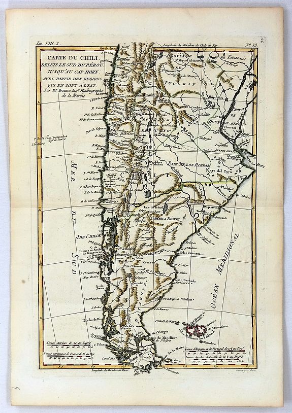 BONNE, R., Carte du Chili Depuis le Sud du Perou Jusqu'au Cap Horn, antique map, old maps