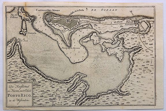 TIRION, I., De Hoofdstad en Haven Van't Eiland Porto Rico, in de Westindien., antique map, old maps