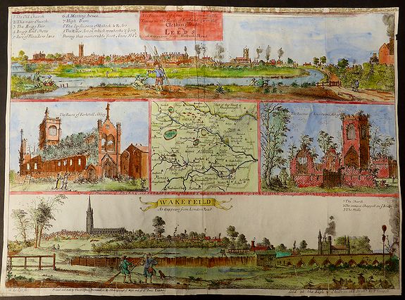 Old map by William Lodge - Ralph Thoresby. -The prospects of the two most remarkable towns in the north of England for the clothing trade, viz. Leeds, As it appears from Holbeck Road, and Wakefield, As it appears from London Road.