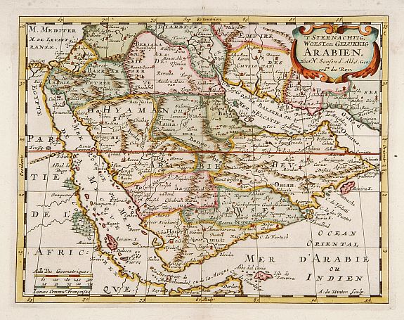 SANSON,N., 't Steenachtige, Woest, en Gelukkig Arabien., antique map, old maps