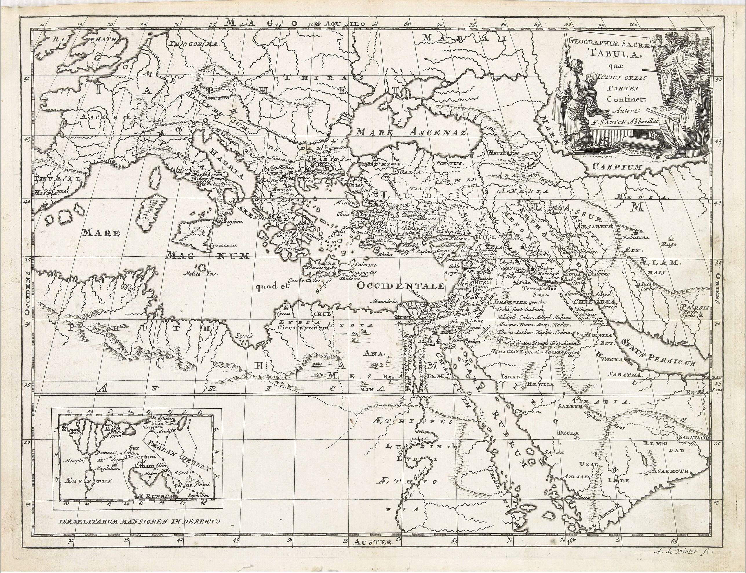 SANSON, N., Geographiae Sacrae Tabula, que totius orbis partes continent., antique map, old maps
