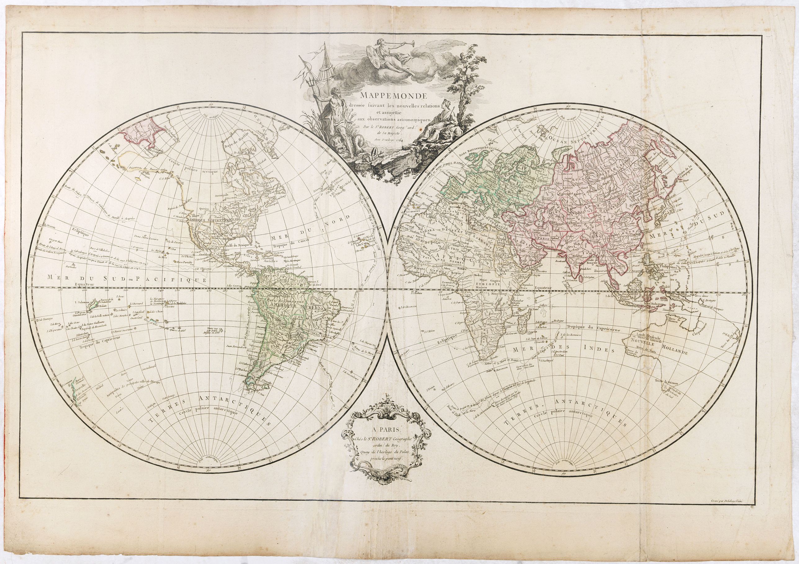 DE VAUGONDY, R., Mappemonde dressée suivant les nouvelles relations et assujettie aux observations astronomiques Par le S. Robert de Vaugondy. . ., antique map, old maps