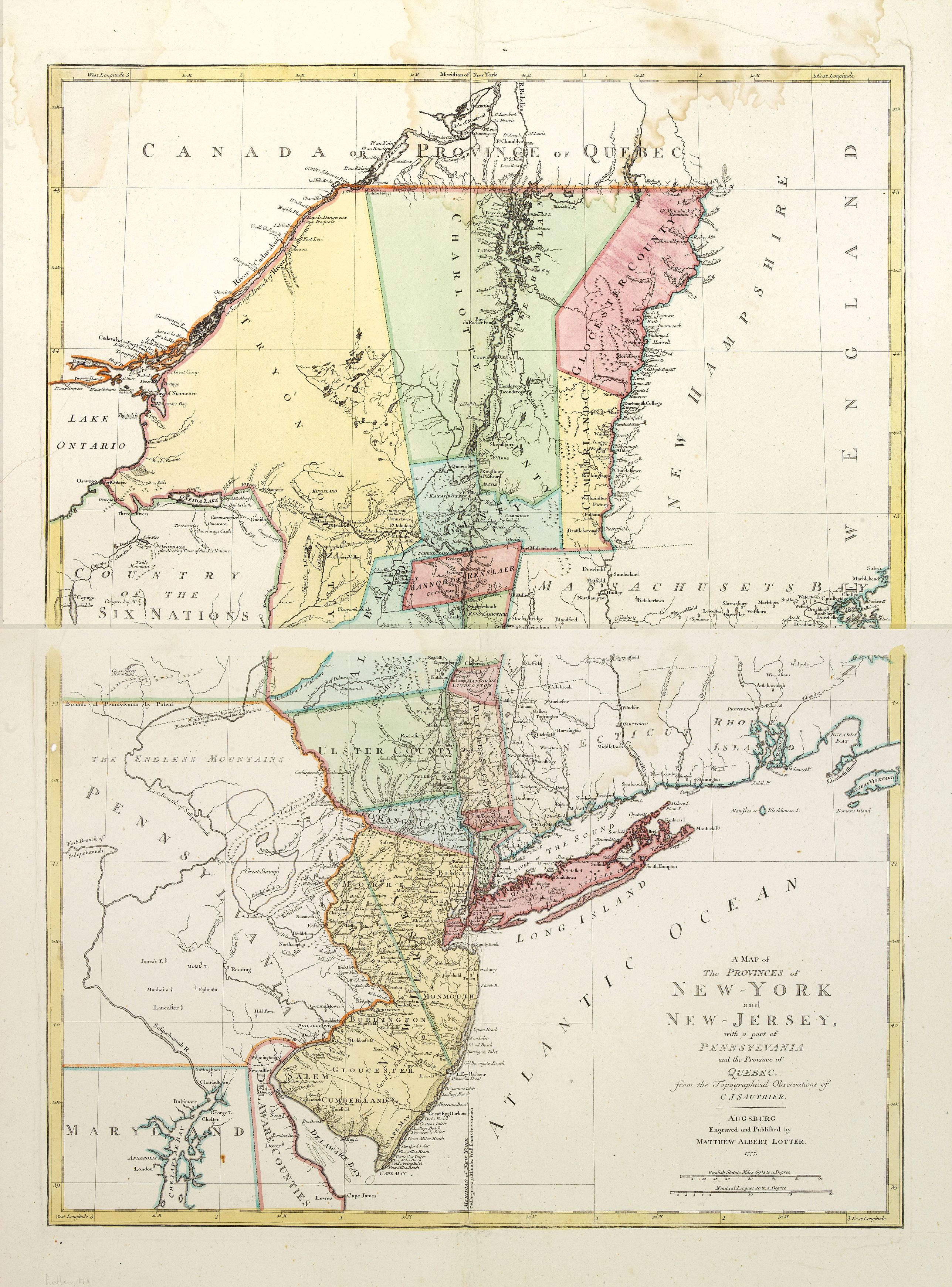 LOTTER,M.A., A map of the provinces of New-York and New-Jersey.., antique map, old maps