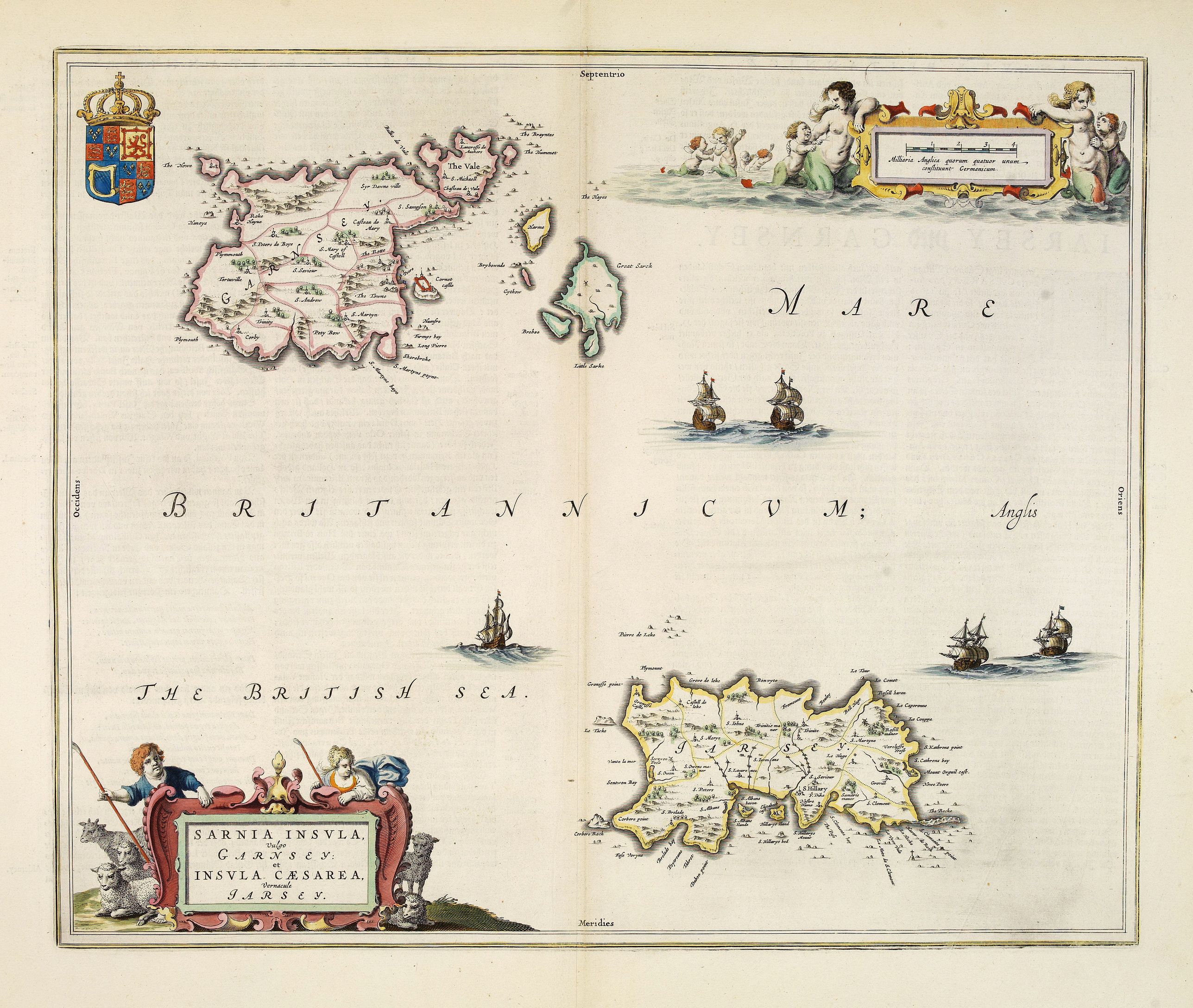 BLAEU, J., Sarnia Insula vulgo Garnsey et Insula Caesarea venacule Jarsey., antique map, old maps