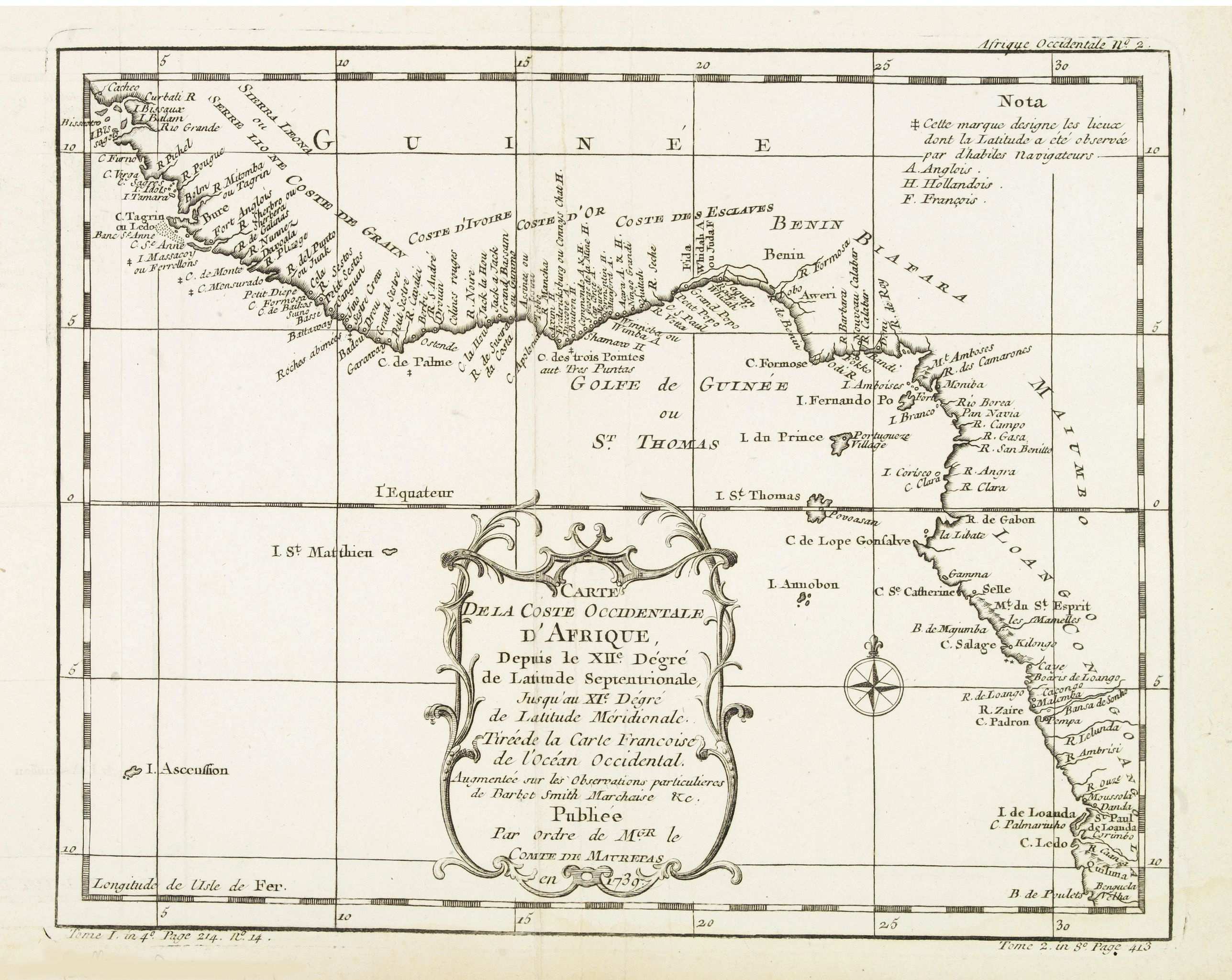 BELLIN, J.N., Carte De La Coste Occidentale D'Afrique Depuis le XII Dégré de Latitude Septentrionale Jusqu'au XI Dégré de Latitude Meridionale., antique map, old maps