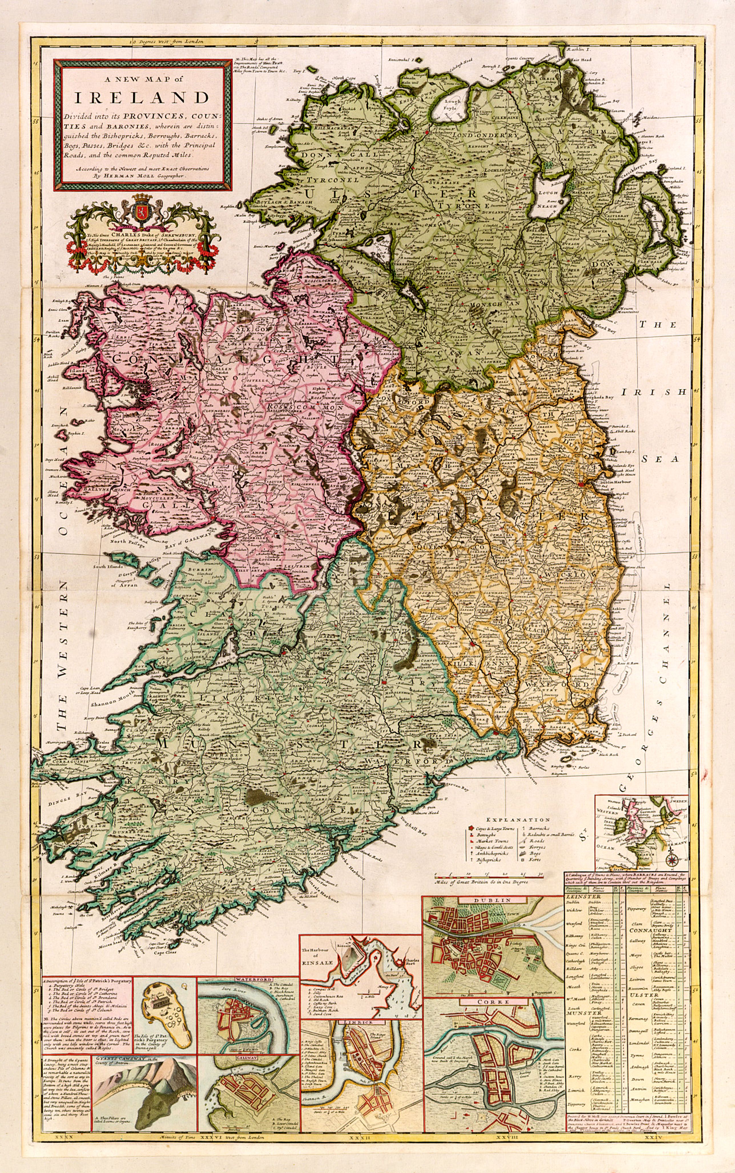 MOLL,H., A new map of Ireland devided into its provinces.., antique map, old maps