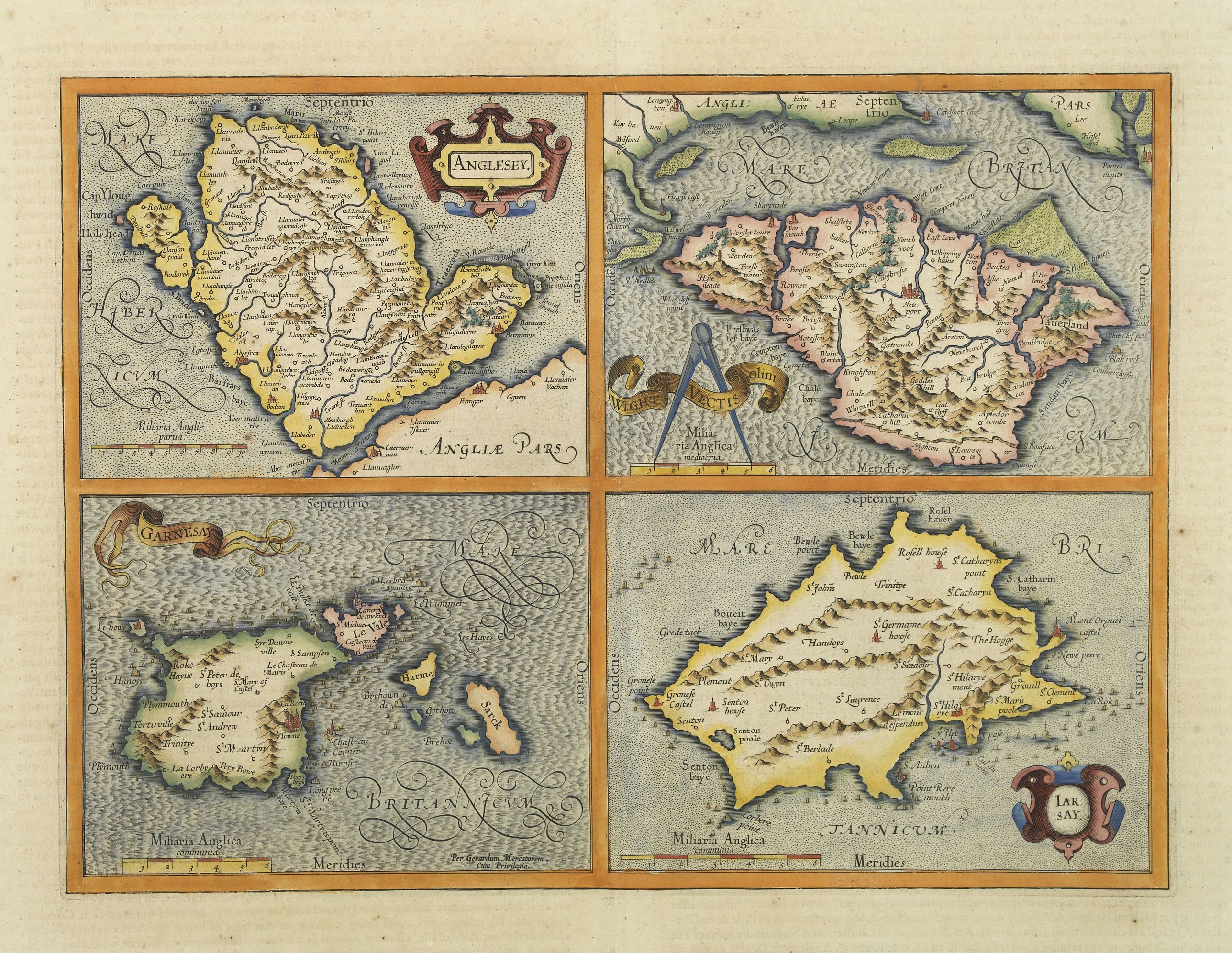 MERCATOR, G. / HONDIUS, J., Anglesey. / Iarsay. / Carnesay. / Wight Vectis Olim., antique map, old maps