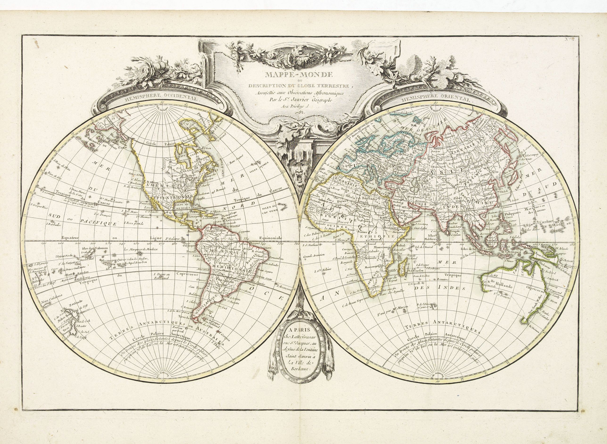 JANVIER,Sr., Mappe-Monde ou description du Globe Terrestre.., antique map, old maps