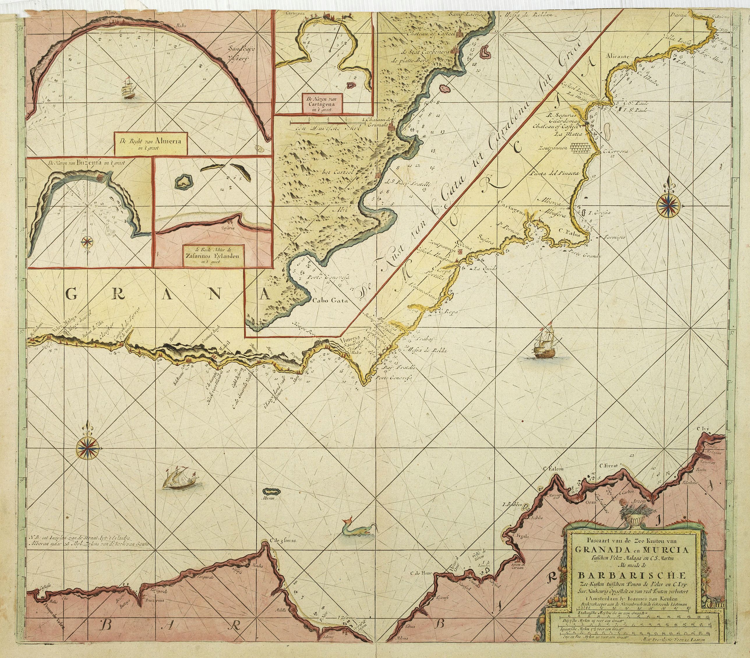 VAN KEULEN, J.,  Pascaart van de Zee Kusten van Granada en Murcia.., antique map, old maps