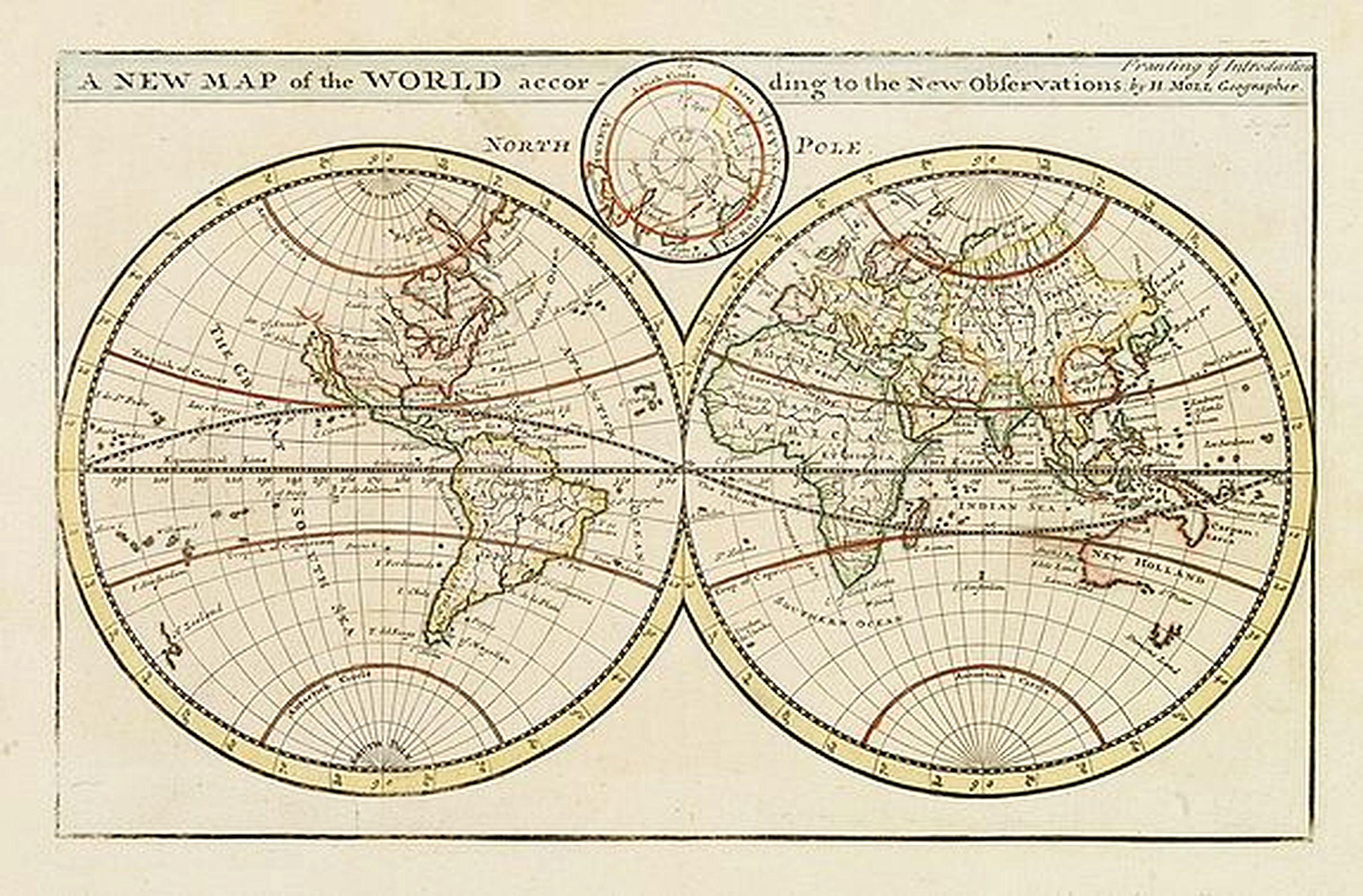 MOLL, H., A new map of the world according to the New Observations.., antique map, old maps
