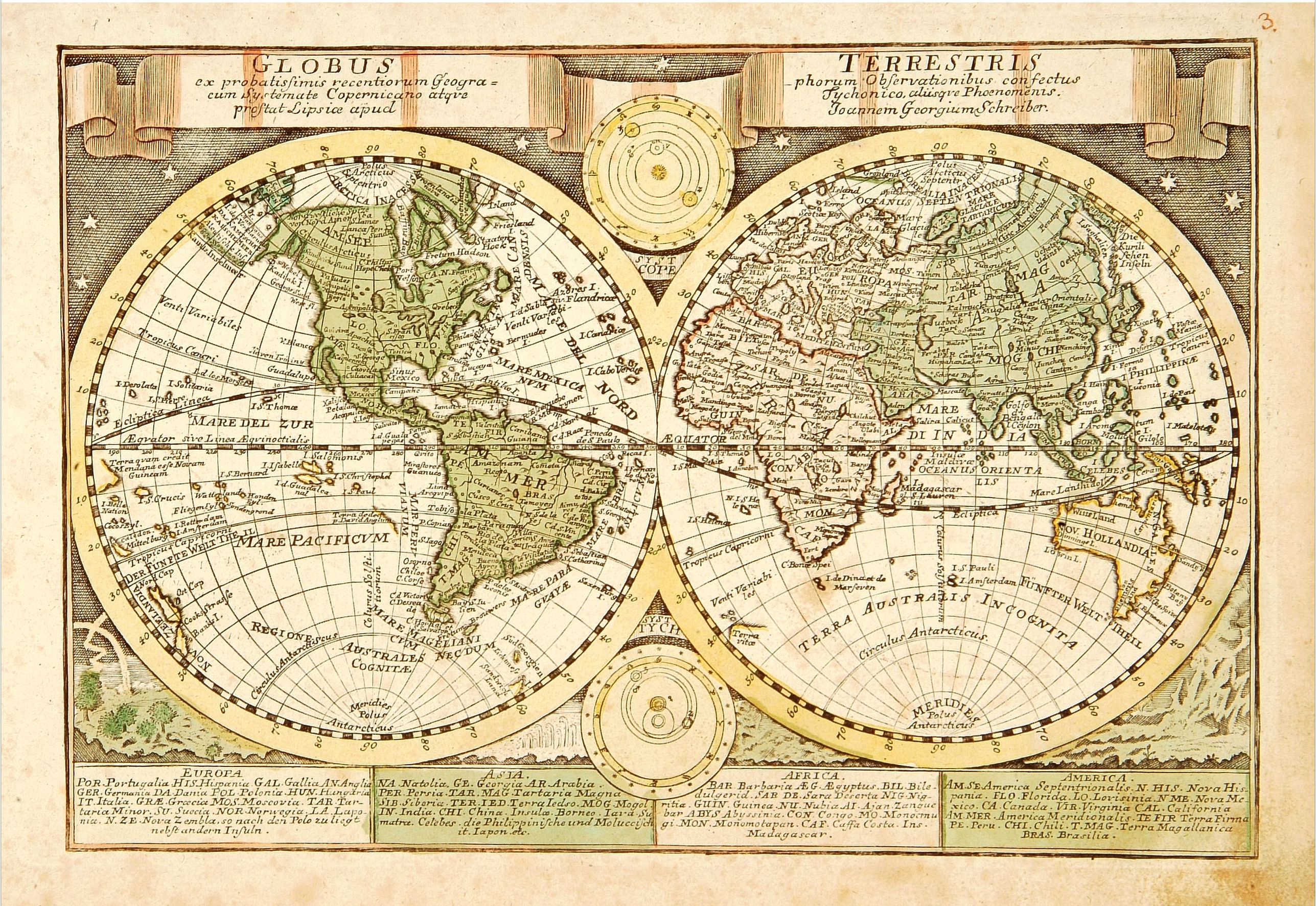 SCHREIBER, J.G., Globus ex probatisimis . . . .. / Terrestris phorum Observationibus. . ., antique map, old maps
