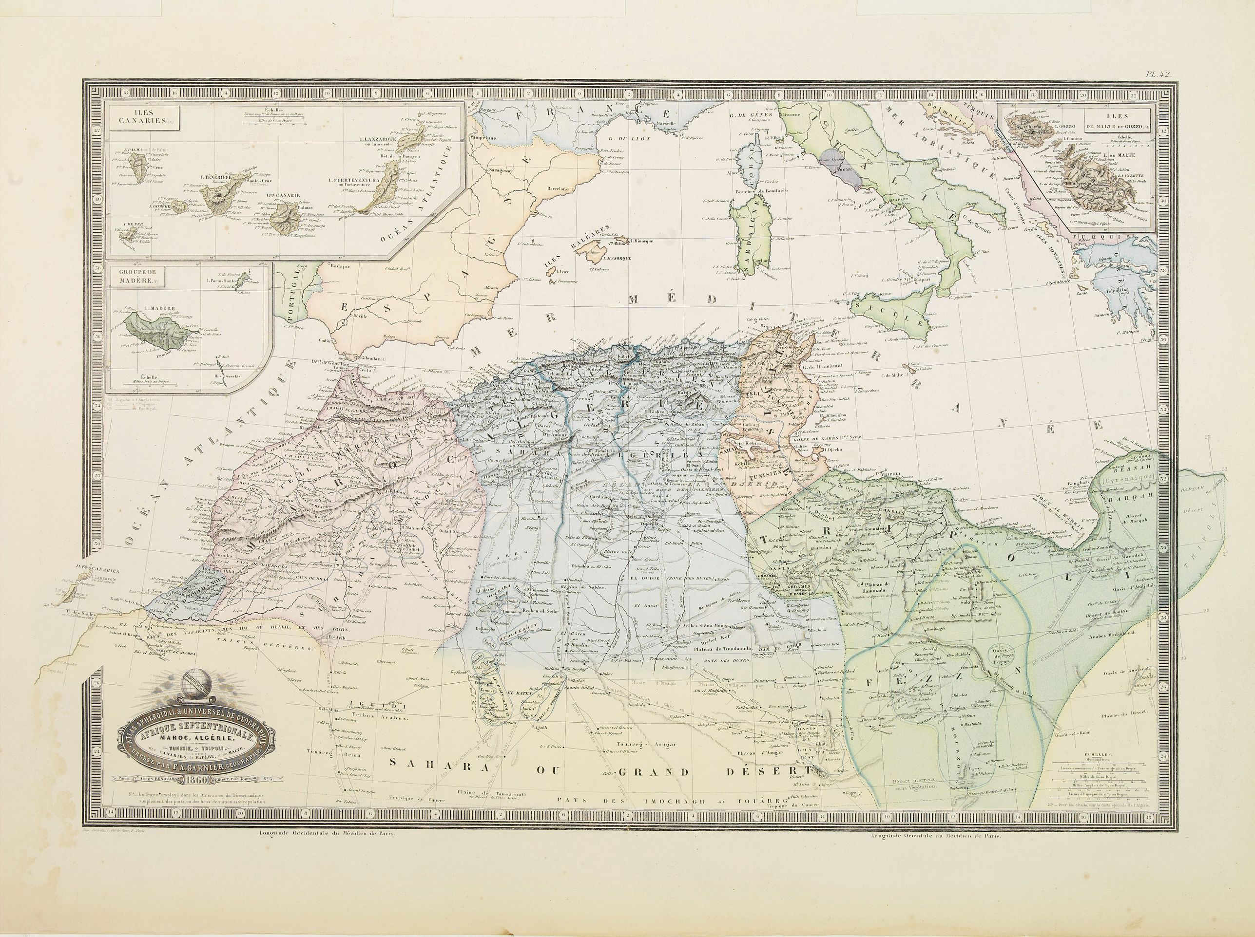 GARNIER,F.A., Afrique Septentrionale, Maroc, Algerie.. Canaries..Malte., antique map, old maps