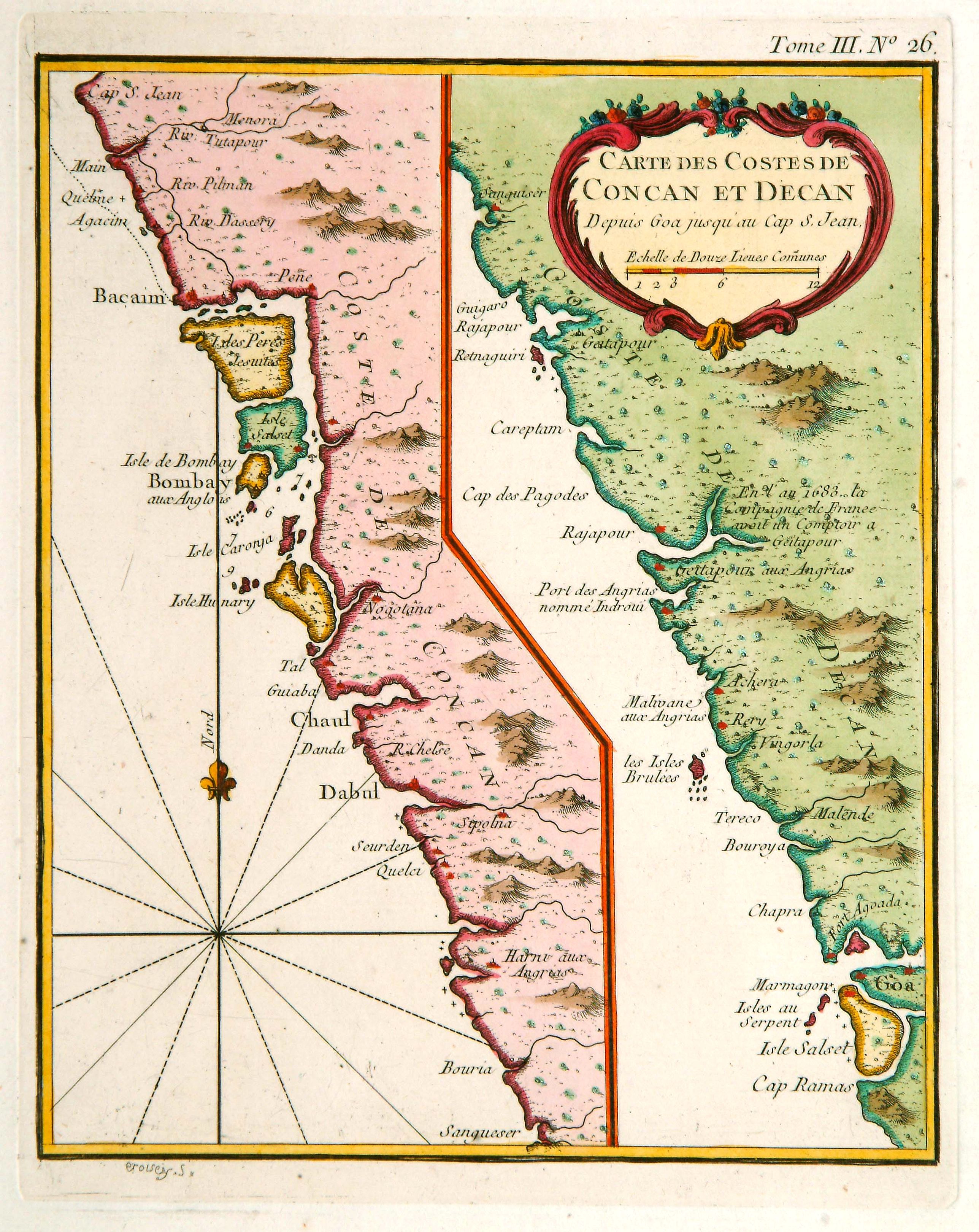 BELLIN,N., Carte des Costes de Concan et Decan.., antique map, old maps