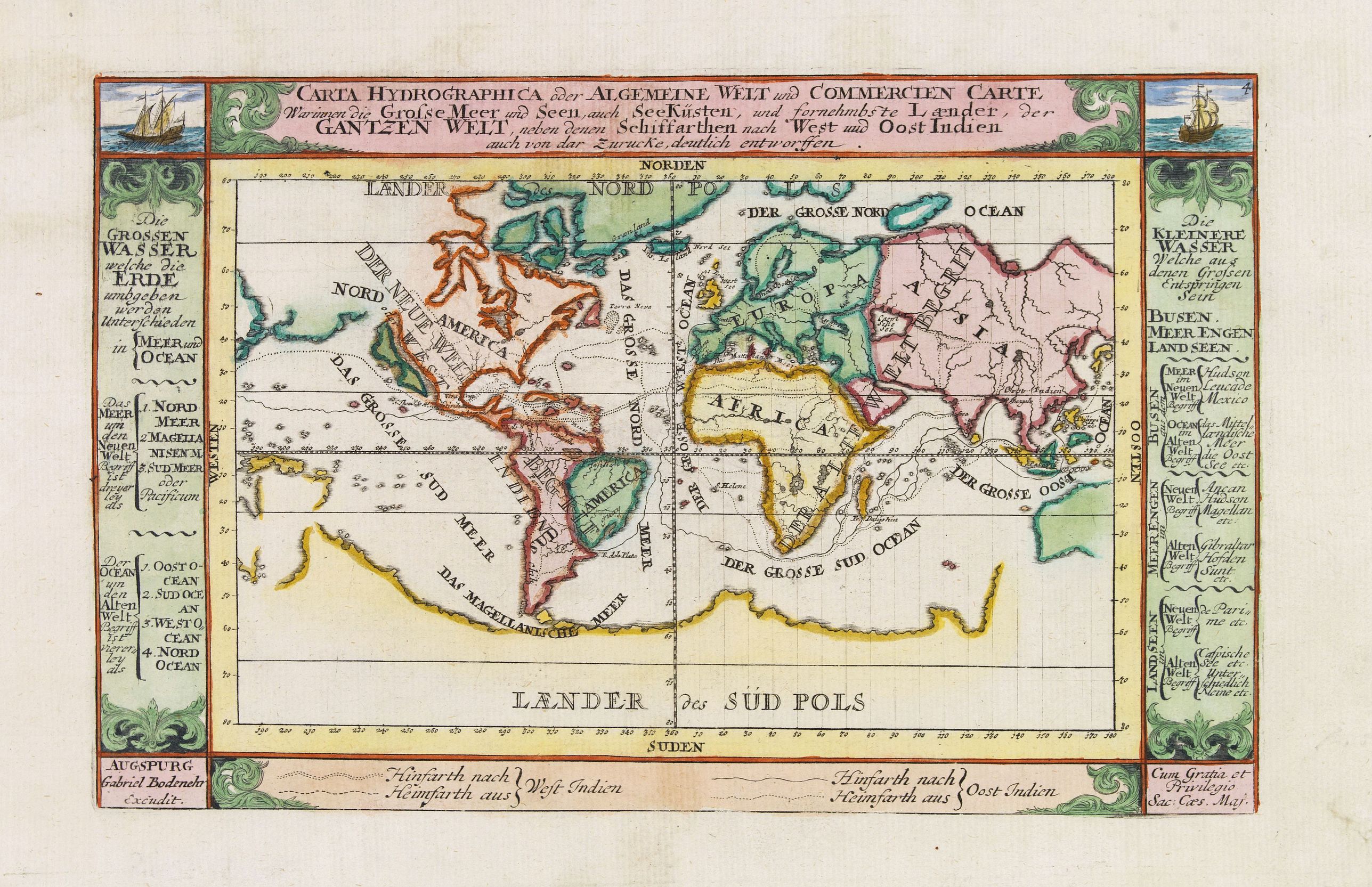 BODENEHR, G., Carta Hydrographica oder Algemeine Welt. . ., antique map, old maps