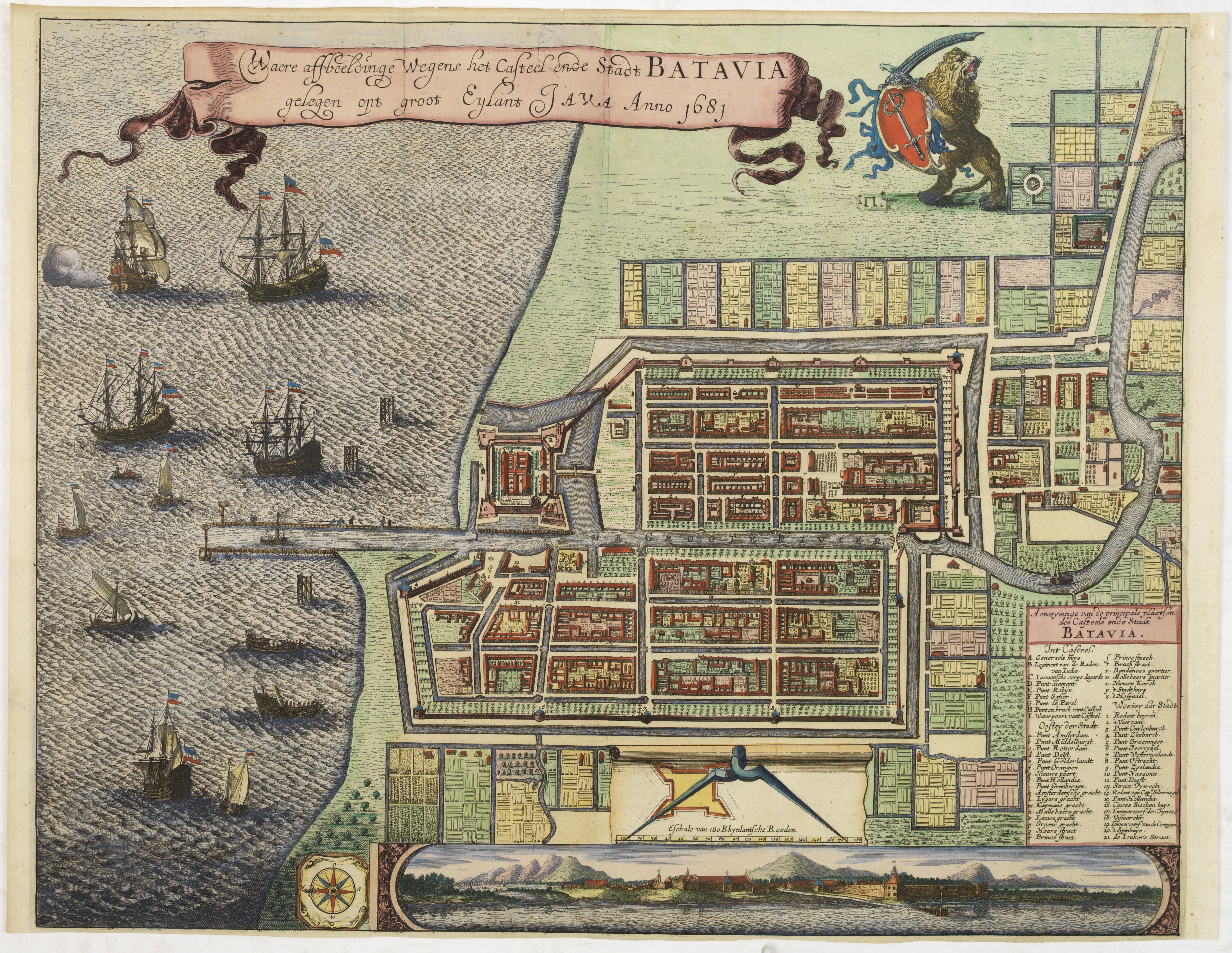 LETI, G.,  Waere affbeeldinge wegens het casteel ende stadt Batavia., antique map, old maps