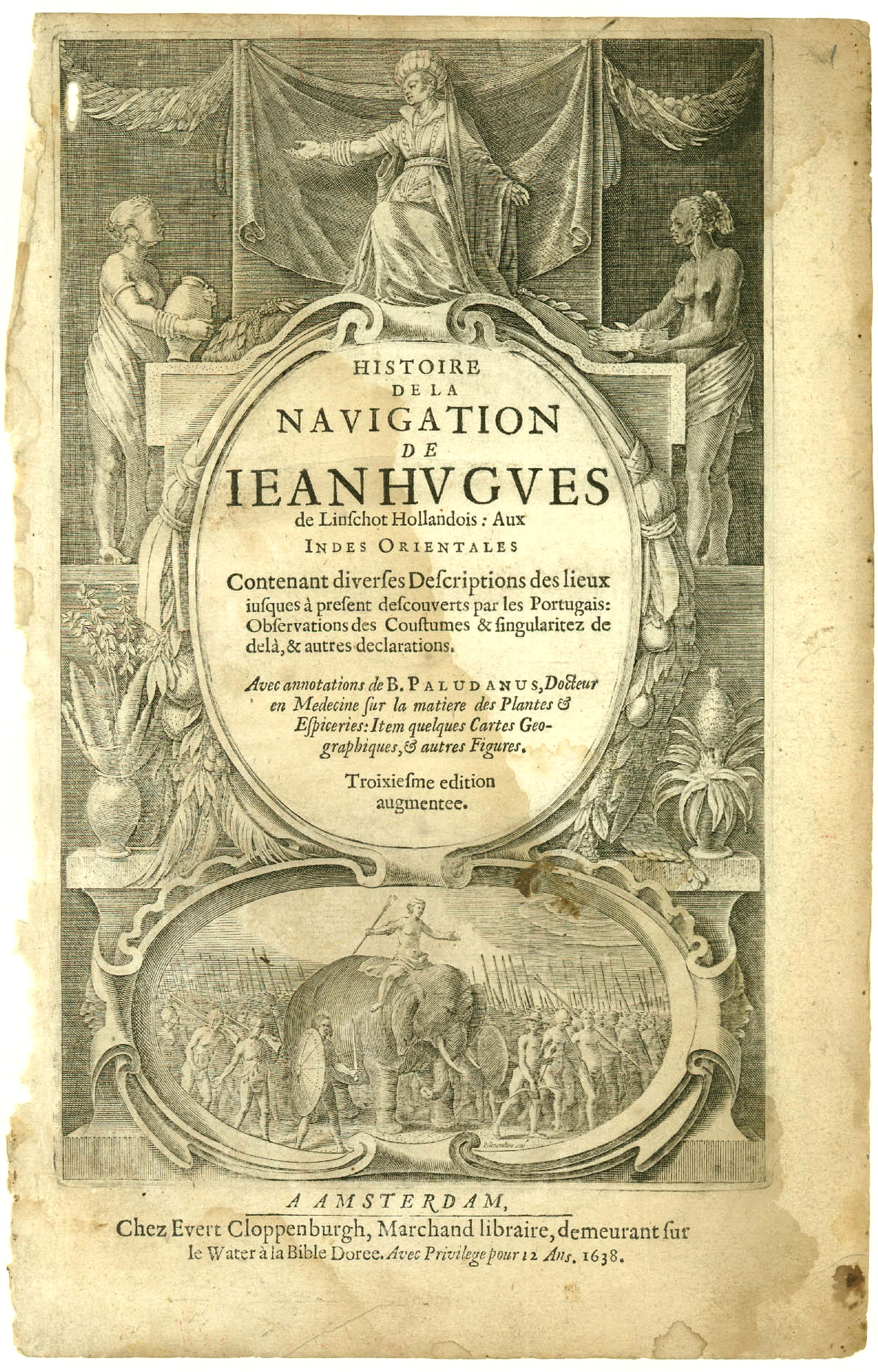 VAN LINSCHOTEN, J.H., Titlepage: Histoire de la Navigation de Jean Hugues.., antique map, old maps