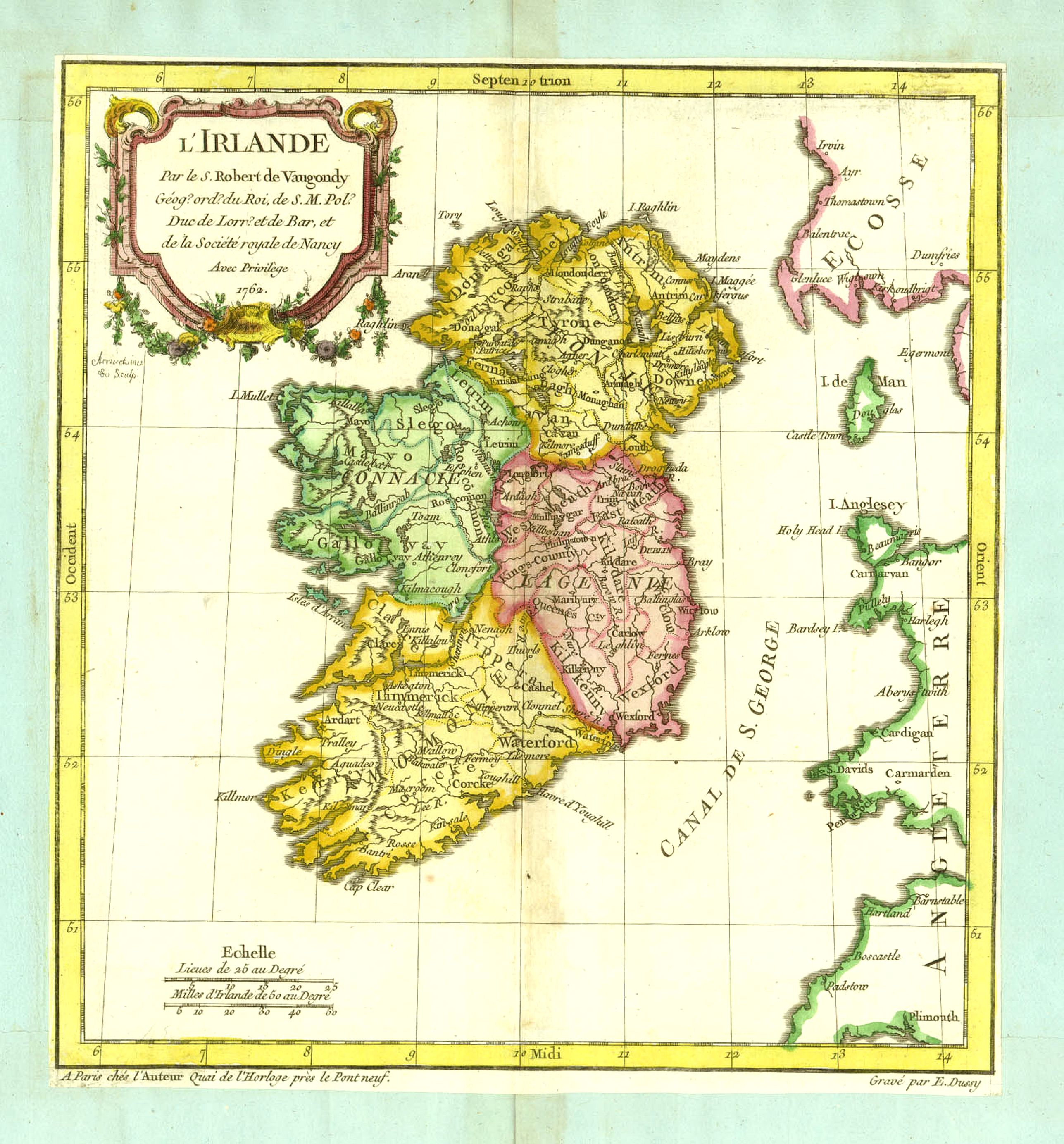 VAUGONDY, R. de, L'Irlande., antique map, old maps