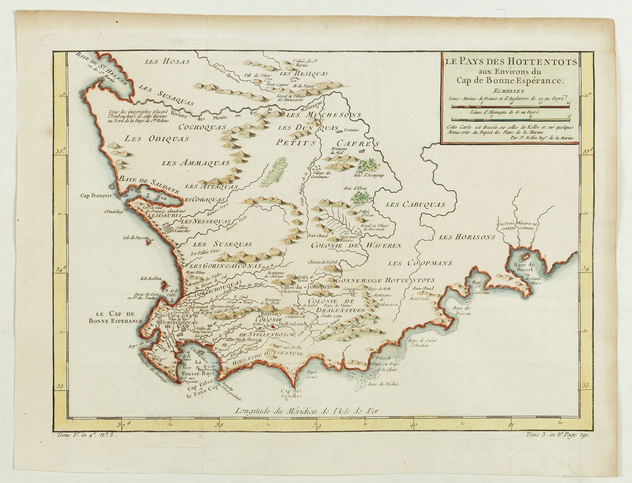 BELLIN, J.N., Le Pays des Hottentots aux environs du Cap de Bonne Espérance. . ., antique map, old maps
