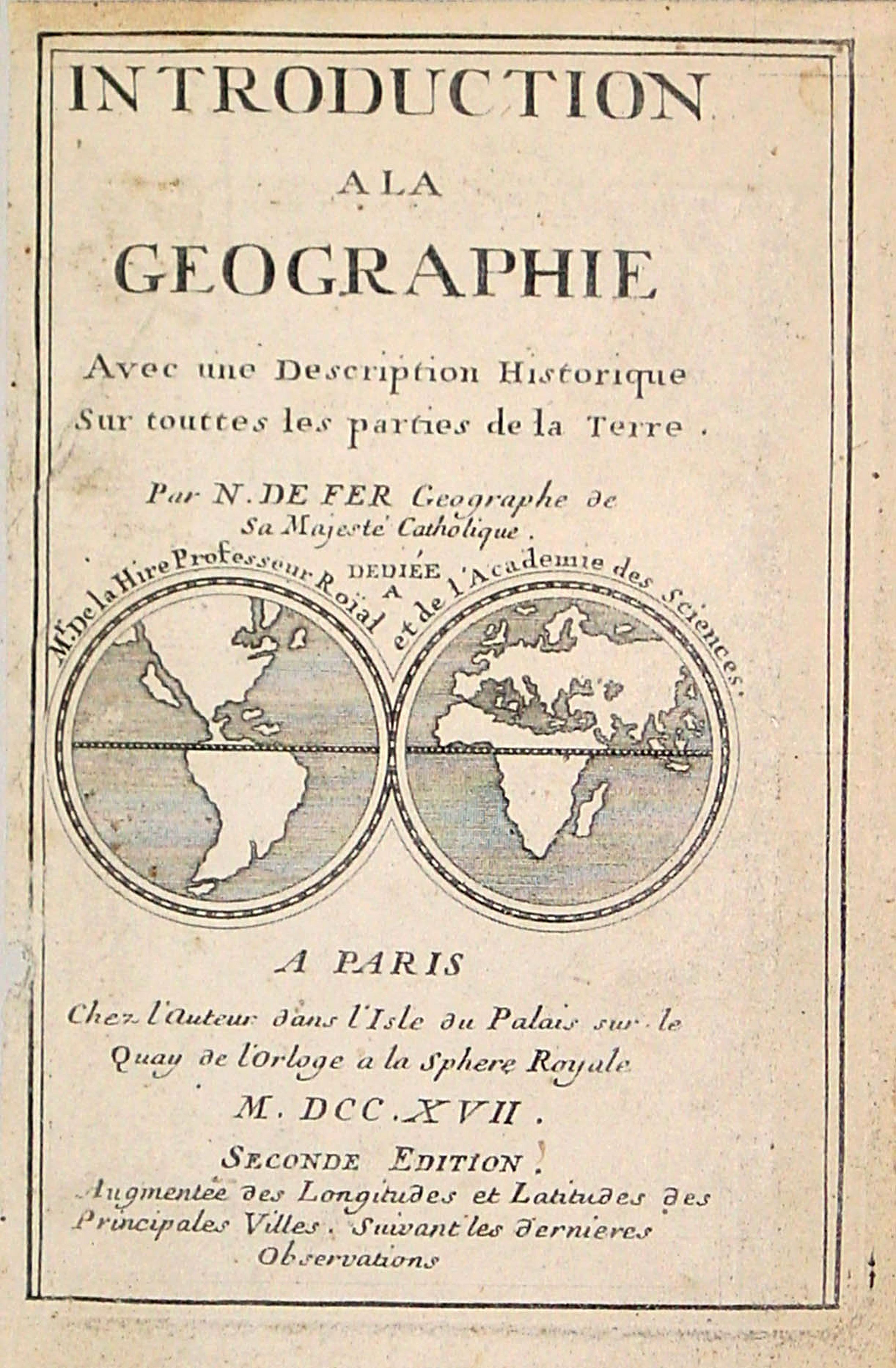 DE FER,N., Title page: Introduction a la Geographie.., antique map, old maps