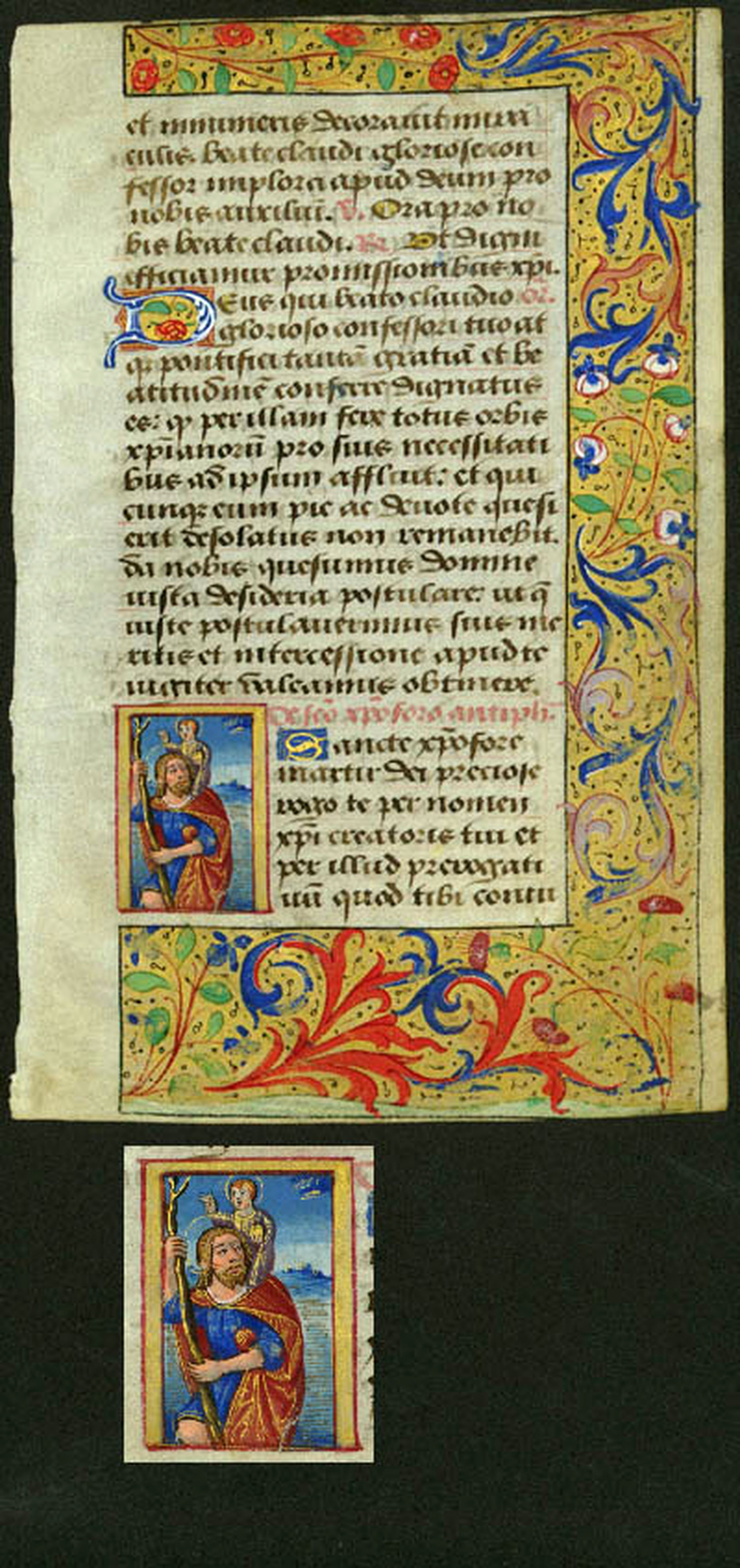 BOOK OF HOURS, Leaf of vellum, with miniature of St.Christophe., antique map, old maps
