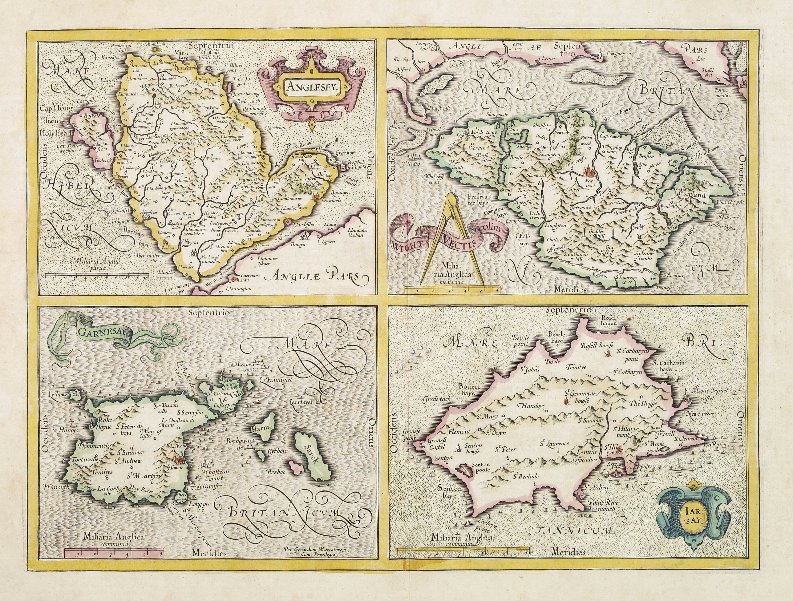 MERCATOR, G. / HONDIUS, J., Anglesey. / Iarsay./Garnesay. / Wight Vectis Olim., antique map, old maps