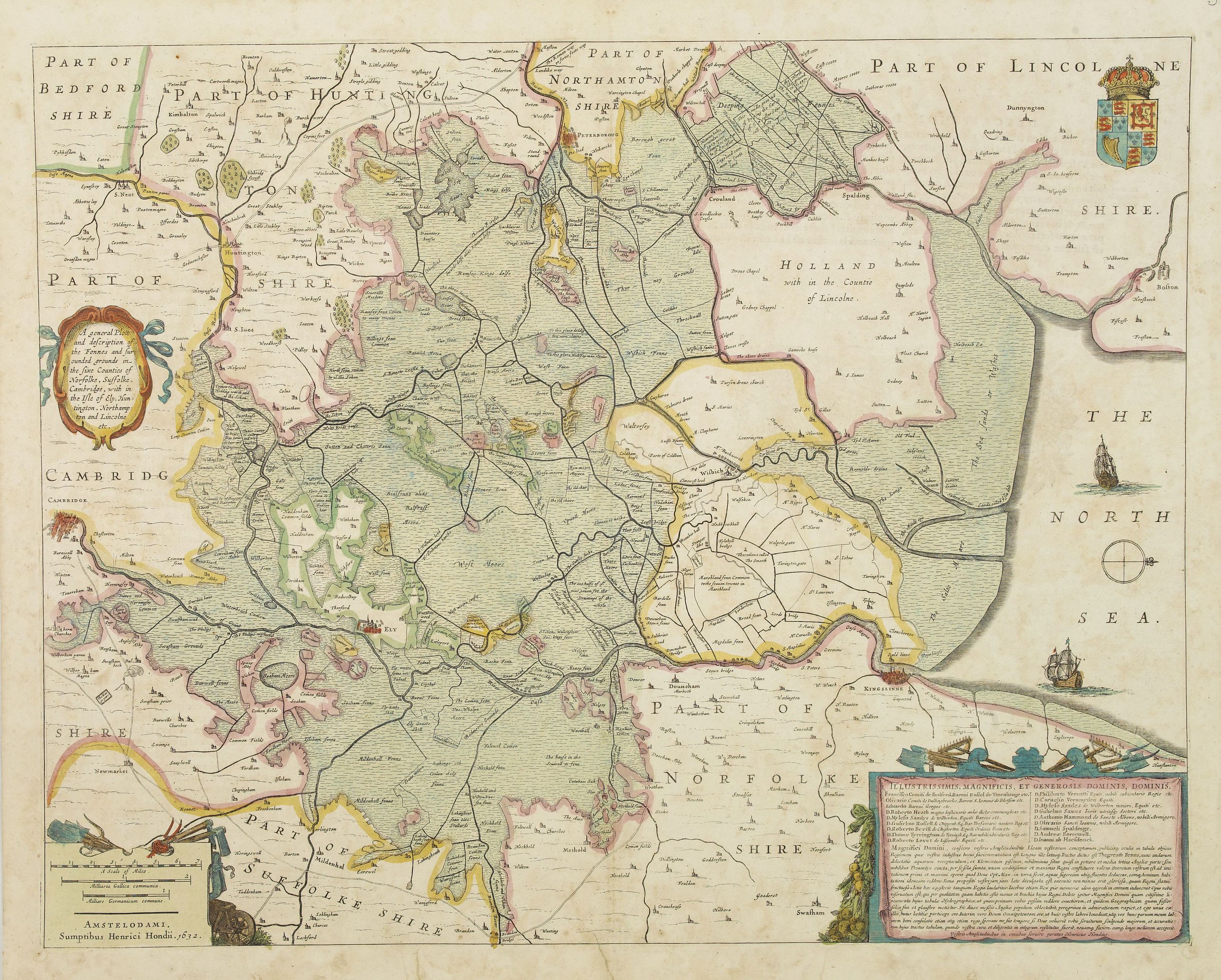 HONDIUS, H., A general Plott and description of the Fennes.., antique map, old maps