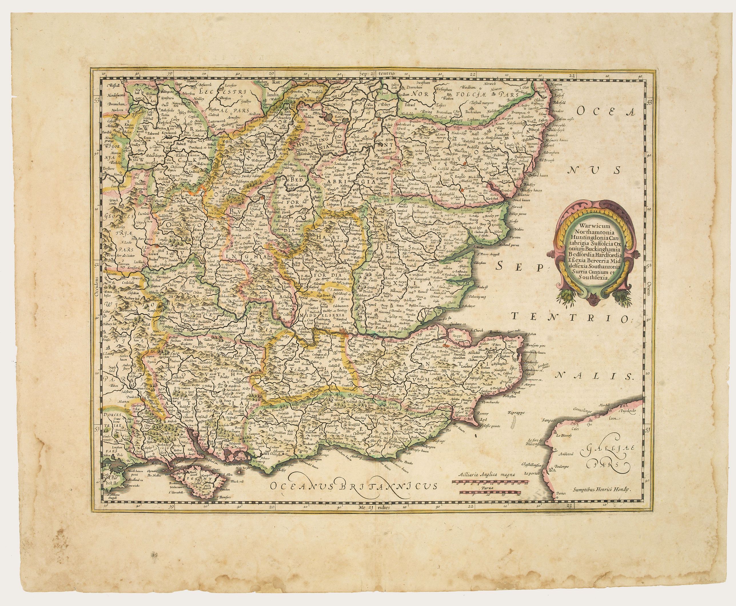HONDIUS, H., Warwicum Northamtonia Huntingdonia Cantabrigia.., antique map, old maps