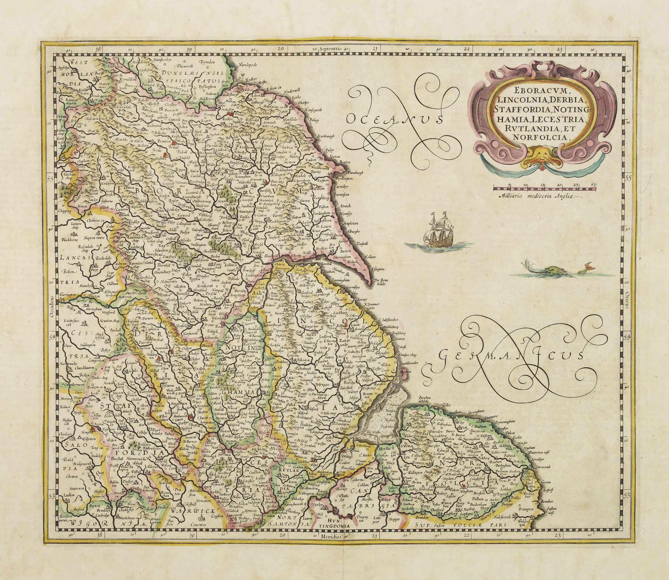 HONDIUS,H., Eboracum, Lincolnia, Derbia, Staffordia, Notinghamia.., antique map, old maps