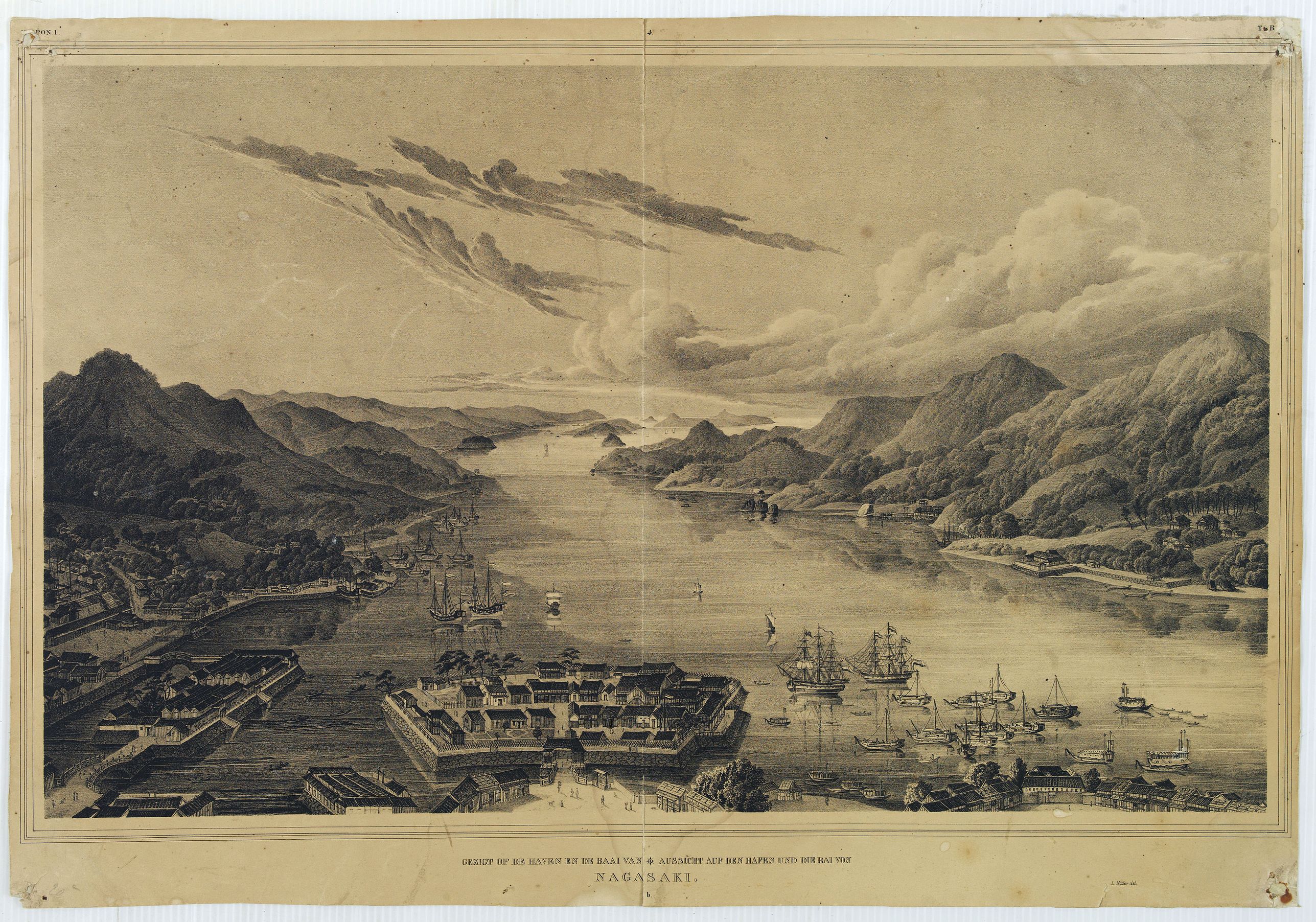 VON SIEBOLD,P.Fr.B.,  Gezigt op de haven en de baai van Nagasaki.., antique map, old maps