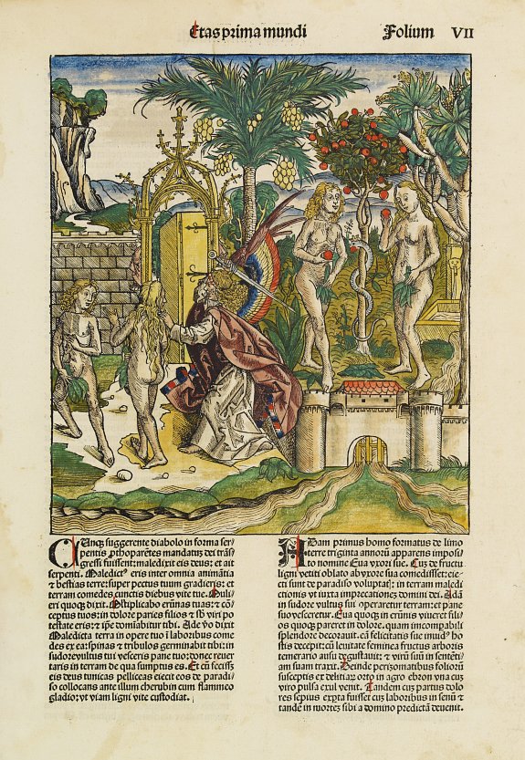 SCHEDEL, H., Adam and Eve, eating the apple and being expelled from paradise., antique map, old maps