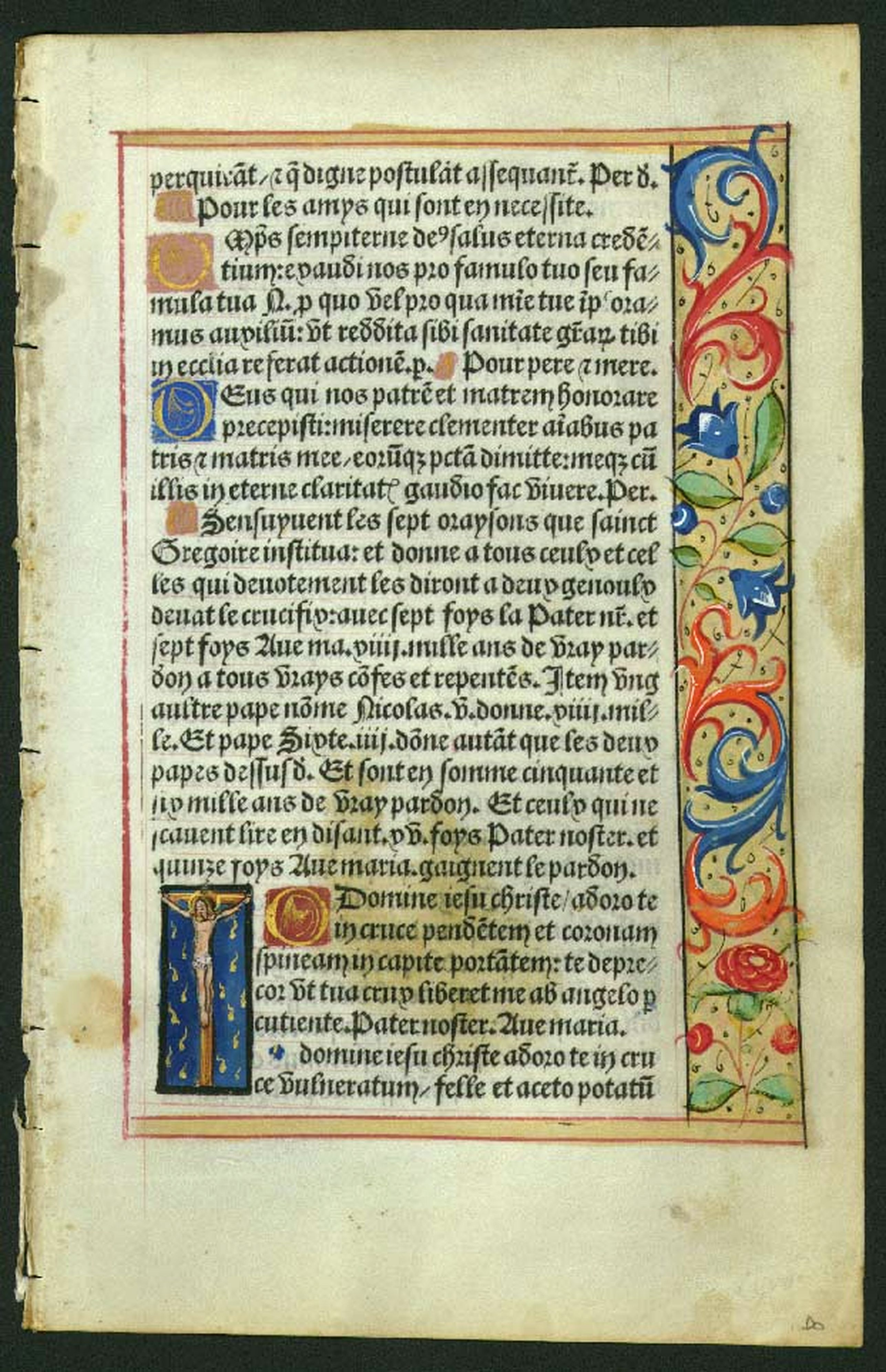 BOOK OF HOURS, Hand-painted miniature of Christ on printed leaf., antique map, old maps