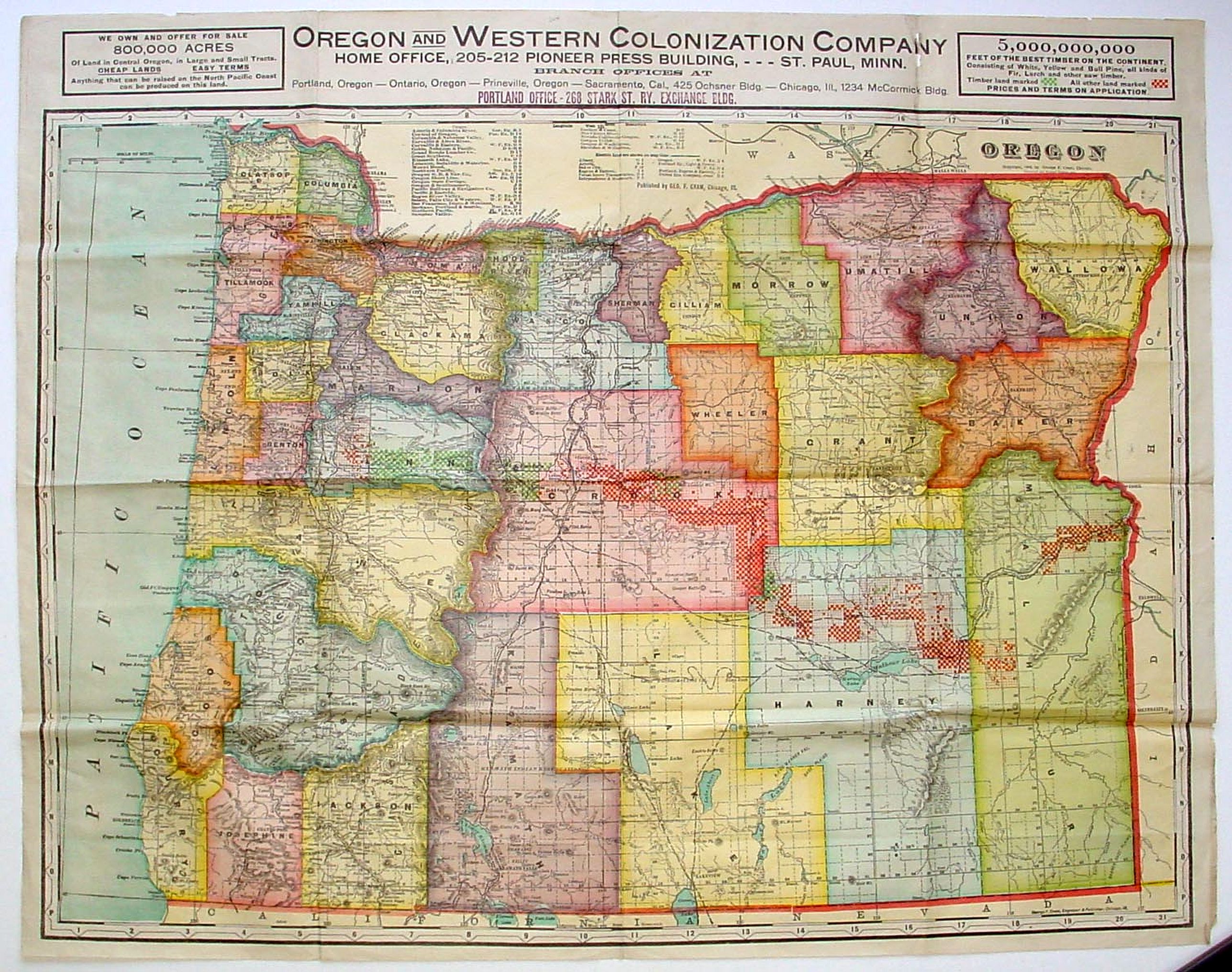 CRAM, G., Oregon and Western Colonization Company map of Oregon., antique map, old maps