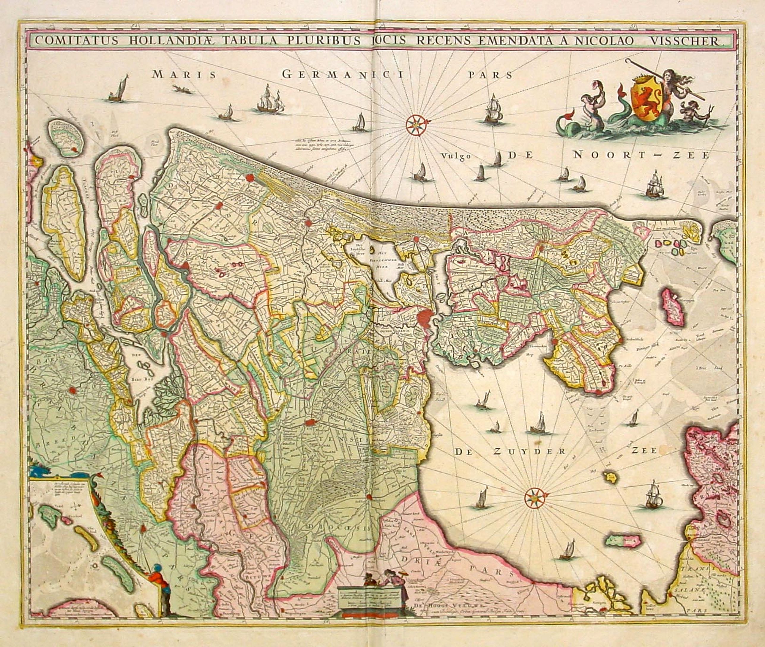 VISSCHER, N. J.,  Comitatus Hollandiae tabula pluribus.., antique map, old maps