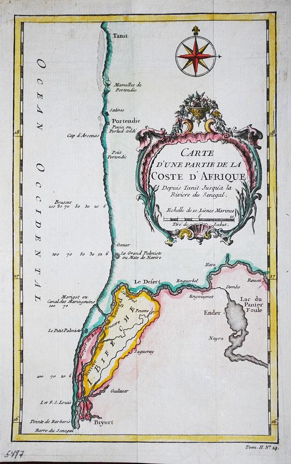BELLIN, J.N., Carte d' une partie de la Coste d' Afrique Depuis Tanit jusq'a la Riviere de Senegal., antique map, old maps